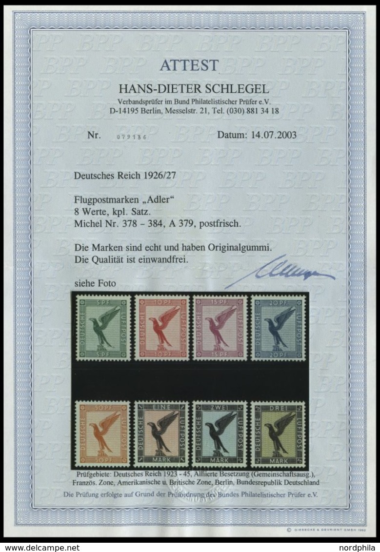 Dt. Reich 378-84 **, 1926, Adler, Postfrischer Prachtsatz, Fotoattest H.D. Schlegel, Mi. 1200.- - Andere & Zonder Classificatie