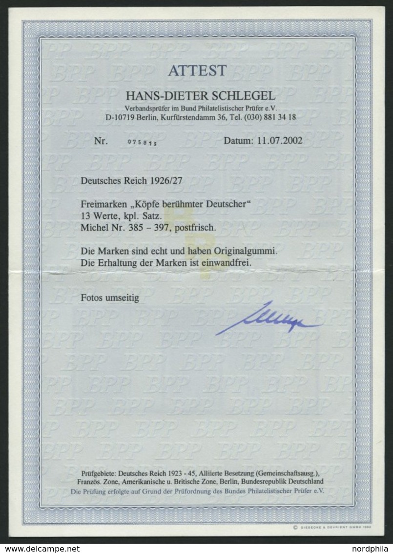 Dt. Reich 385-97 **, 1926, Berühmte Deutsche, Prachtsatz, Fotoattest H.D. Schlegel, Mi. (1100.-) - Altri & Non Classificati
