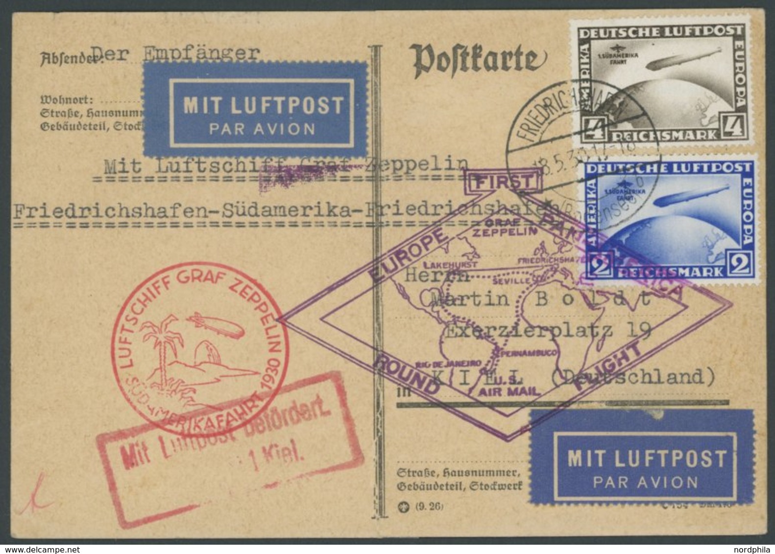 Dt. Reich 438/9X BRIEF, 1930, Südamerikafahrt, Wz. Stehend, Auf Südamerikafahrt Karte (senkrecht Gefaltet), Kleine Zahnm - Other & Unclassified