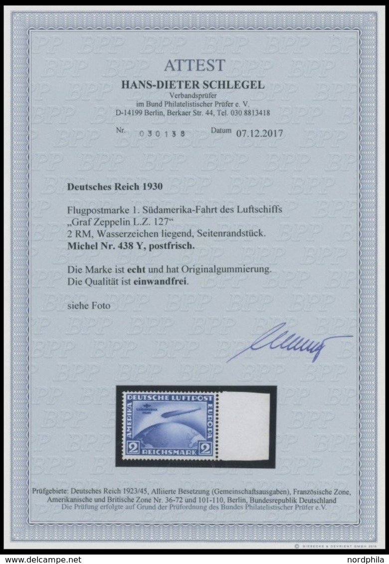 Dt. Reich 438Y **, 1930, 2 M. Südamerikafahrt, Wz. Liegend, Rechtes Seitenstück, Postfrisch, Pracht, Unsigniert, Fotoatt - Altri & Non Classificati