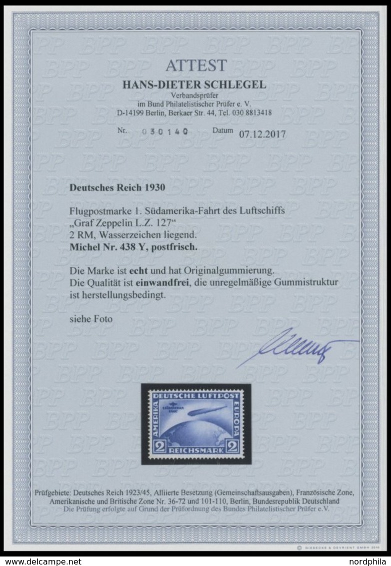 Dt. Reich 438Y **, 1930, 2 M. Südamerikafahrt, Wz. Liegend, Postfrisch, Pracht, Unsigniert, Fotoattest H.D. Schlegel: Di - Altri & Non Classificati