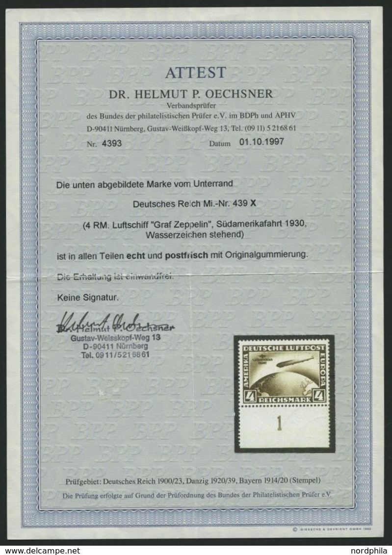 Dt. Reich 439X **, 1930, 4 RM Südamerikafahrt, Wz. Stehend, Unterrandstück, Pracht, Fotoattest Dr. Oechsner, Mi. 1800.- - Other & Unclassified