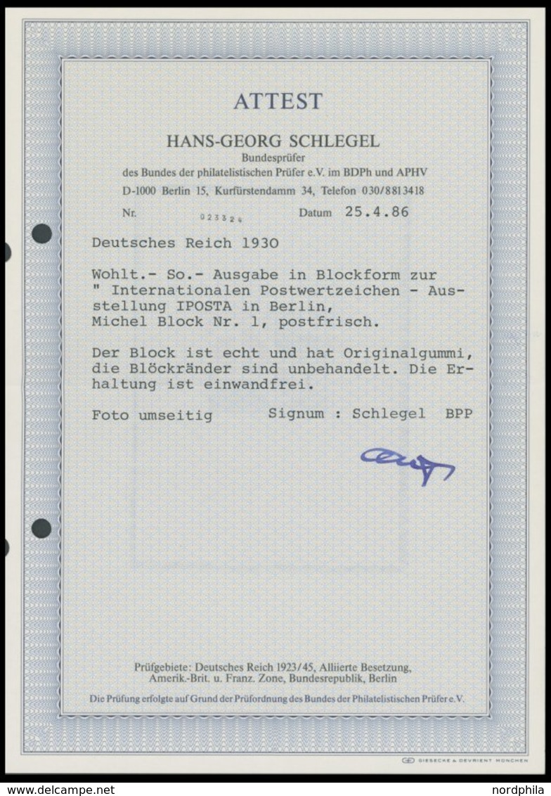 Dt. Reich Bl. 1 **, 1930, Block IPOSTA, Postfrisch, Signiert Und Fotoattest H.G. Schlegel: Die Erhaltung Ist Einwandfrei - Altri & Non Classificati