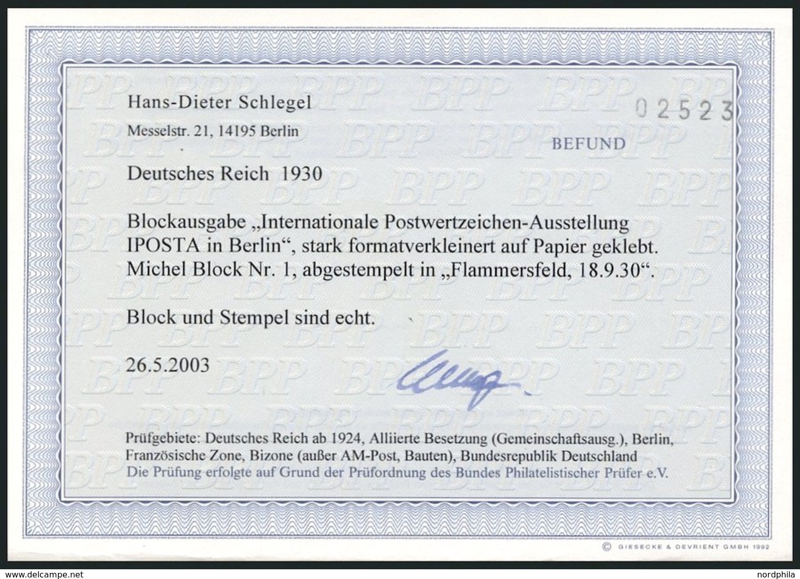 Dt. Reich Bl. 1 O, 1930, Block IPOSTA, Formatverkleinert (45x64), Stempel FLAMMERSFELD, Marken Pracht, Fotobefund H.D. S - Other & Unclassified