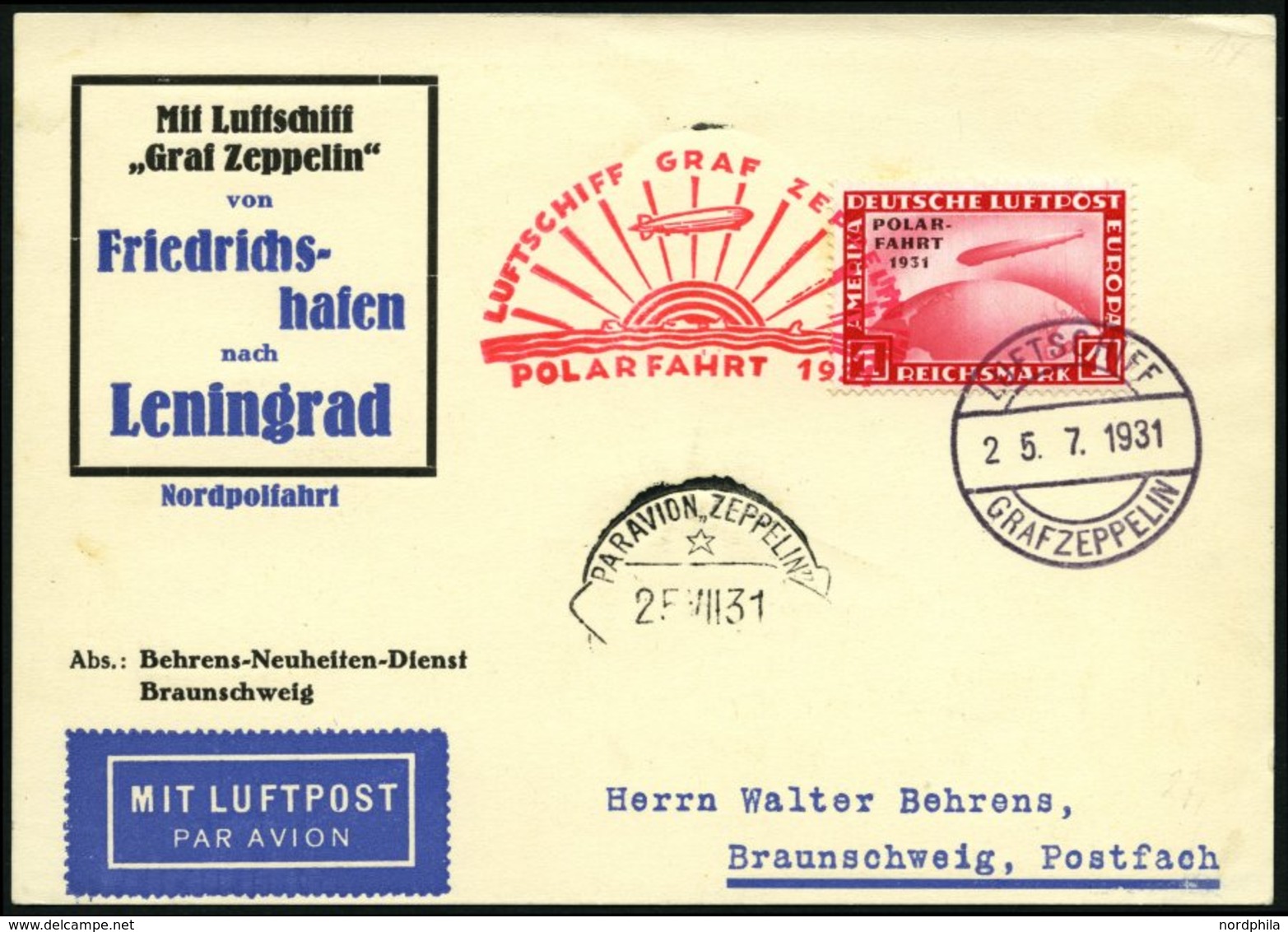 Dt. Reich 456 BRIEF, 1931, 1 RM Polarfahrt Auf Polarfahrtkarte Bis Leningrad, Pracht - Altri & Non Classificati