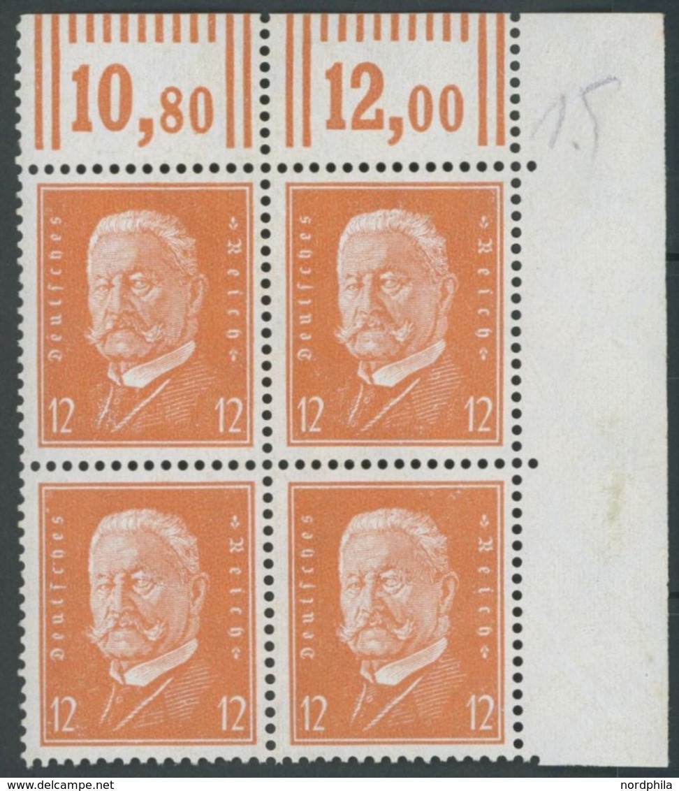 Dt. Reich 466WOR VB **, 1932, 12 Pf. Hindenburg, Walzendruck, Im Rechten Oberen Eckrandviererblock, Postfrisch, Pracht,  - Andere & Zonder Classificatie