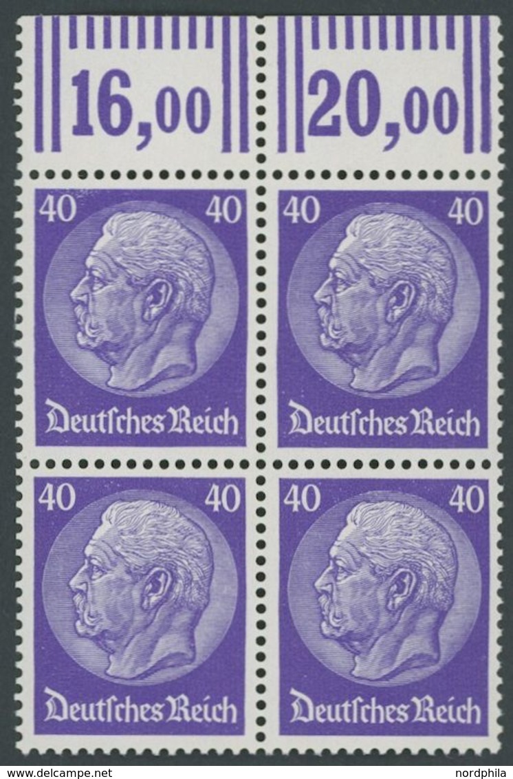 Dt. Reich 472WOR VB **, 1932, 40 Pf. Hindenburg, Walzendruck, Im Oberrandviererblock, Postfrisch, Pracht, Mi. 600.- - Andere & Zonder Classificatie