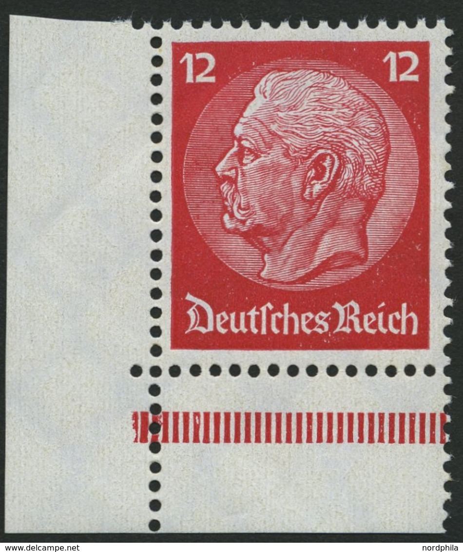 Dt. Reich 487 **, 1933, 12 Pf. Hindenburg, Wz. 2, Untere Linke Bogenecke Aus MHB, Durchgezähnt, Pracht - Sonstige & Ohne Zuordnung