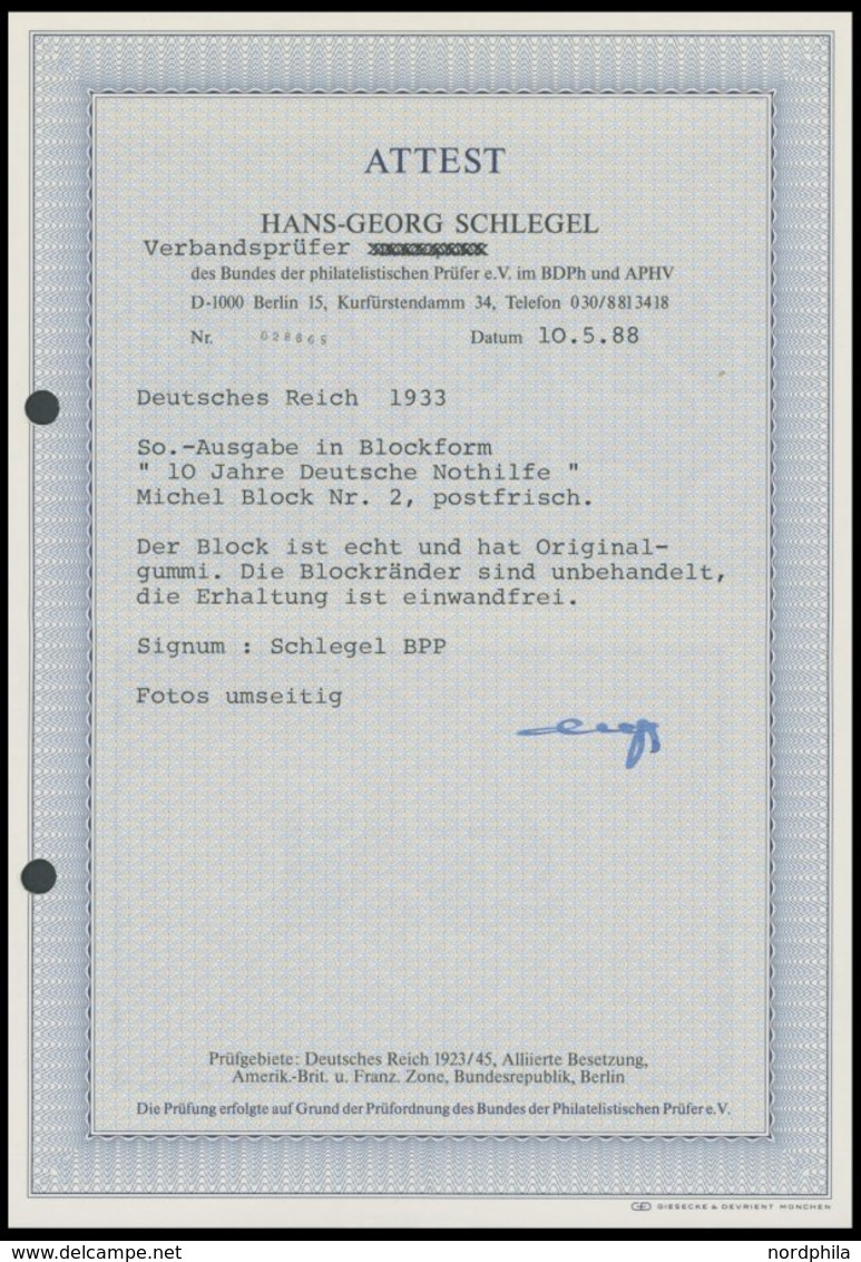 Dt. Reich Bl. 2 **, 1933, Block Nothilfe, Originalgröße, Postfrisch, Pracht, Signiert Schlegel Und Fotoattest H.G. Schle - Andere & Zonder Classificatie