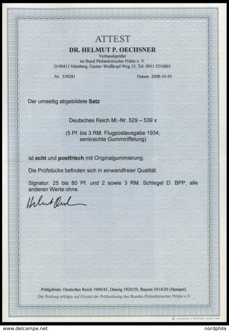 Dt. Reich 529-39x **, 1934, Flugpost, Postfrischer Prachtsatz, Fotoattest Dr. Oechsner, Mi. 800.- - Other & Unclassified