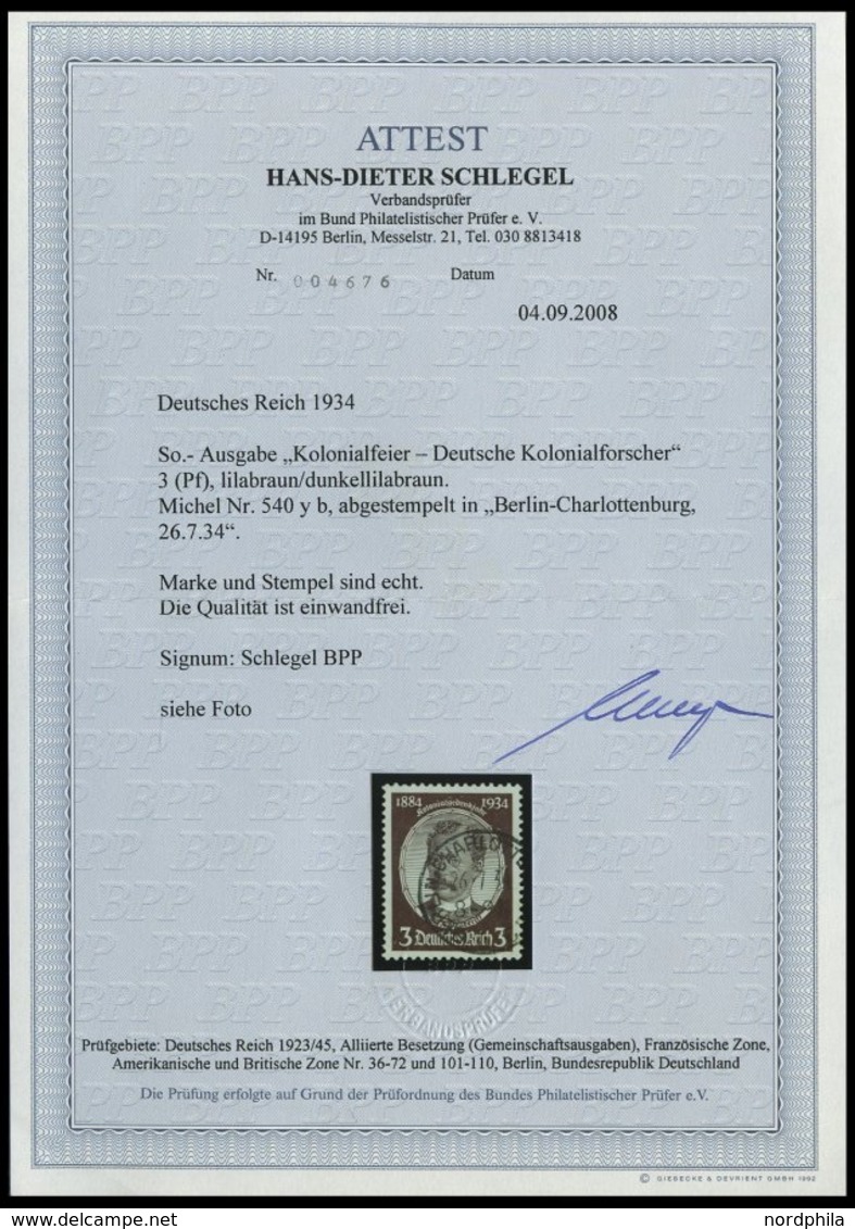 Dt. Reich 540yb O, 1934, 3 Pf. Dunkelrötlichbraun Lüderitz, Pracht, Fotoattest H.D. Schlegel, Mi. (600.-) - Andere & Zonder Classificatie