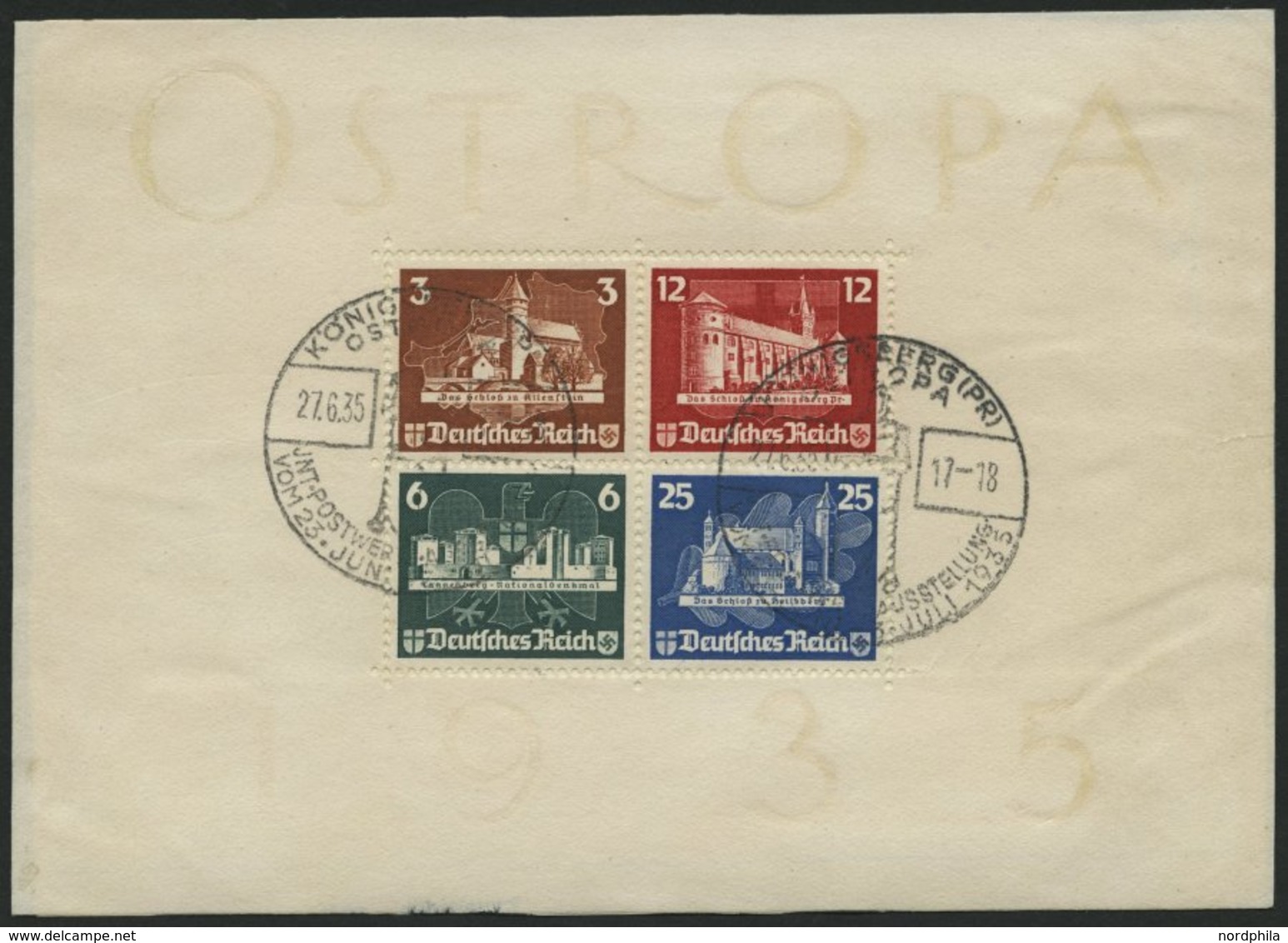 Dt. Reich Bl. 3 O, 1935, Block OSTROPA, Sonderstempel, Auf Unterlage Klebend, Rechts Verklebter Riss Sonst Pracht, Mi. 1 - Other & Unclassified