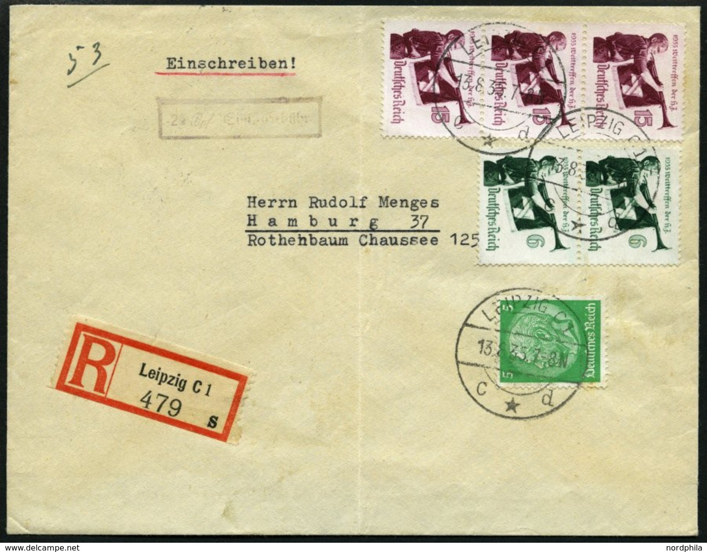 Dt. Reich 584/5 BRIEF, 1935, Welttreffen Der Hitler-Jugend Auf Einschreibbrief, Nebenstempel 20 Rpf. Einschreib-Gebühr,  - Other & Unclassified