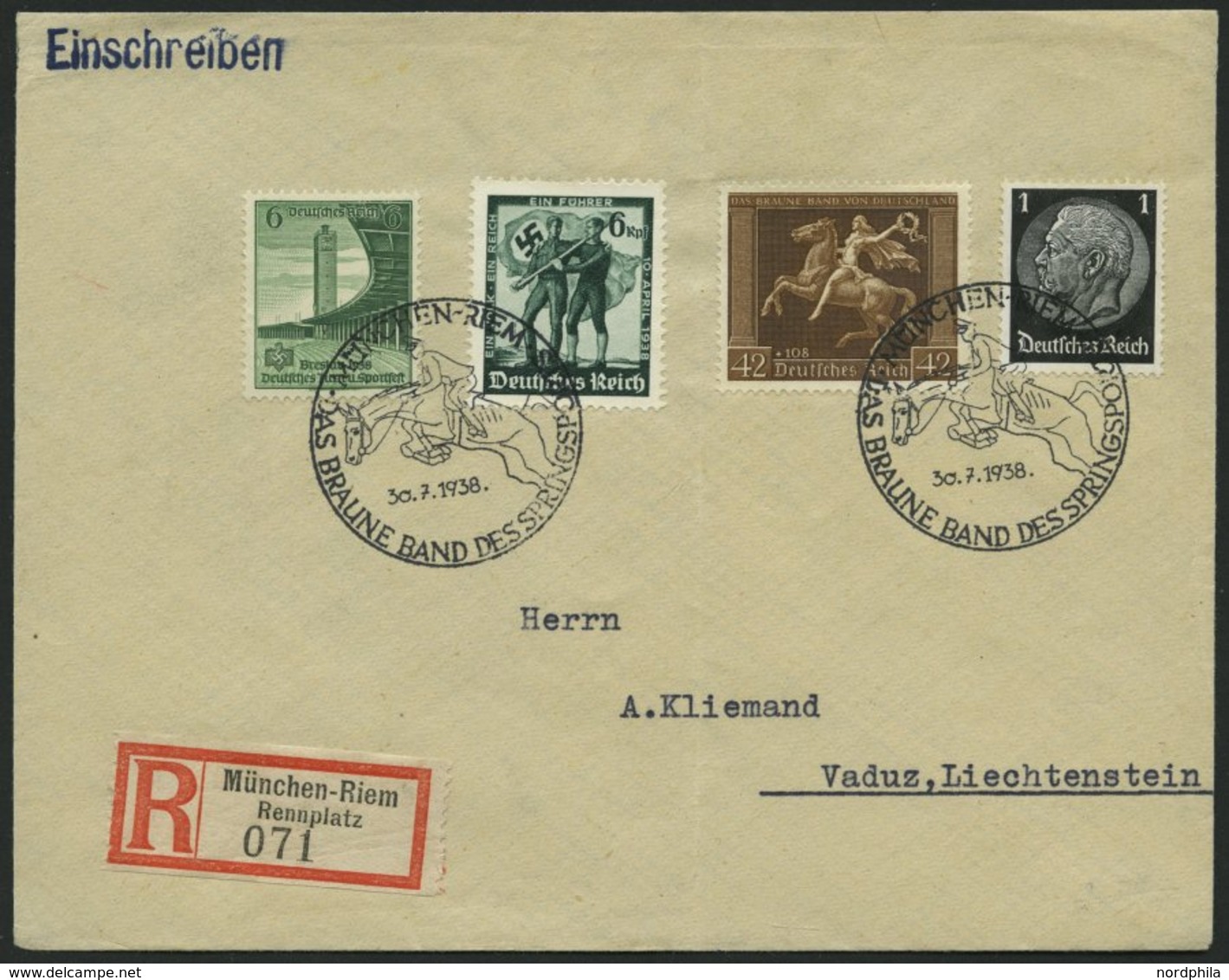 Dt. Reich 671y BRIEF, 1938, 42 Pf. Braunes Band, Waagerechte Gummiriffelung, Mit Zusatzfrankatur Auf Einschreibbrief (se - Other & Unclassified