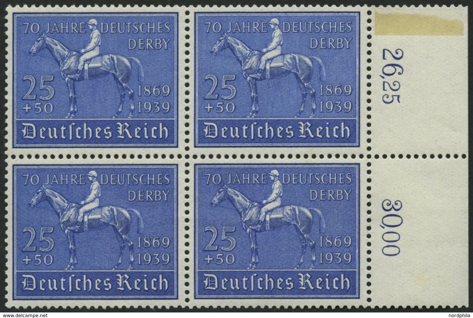 Dt. Reich 698 VB **, 1939, 25 Pf. Deutsches Derby Im Viererblock, Pracht, Mi. 320.- - Other & Unclassified