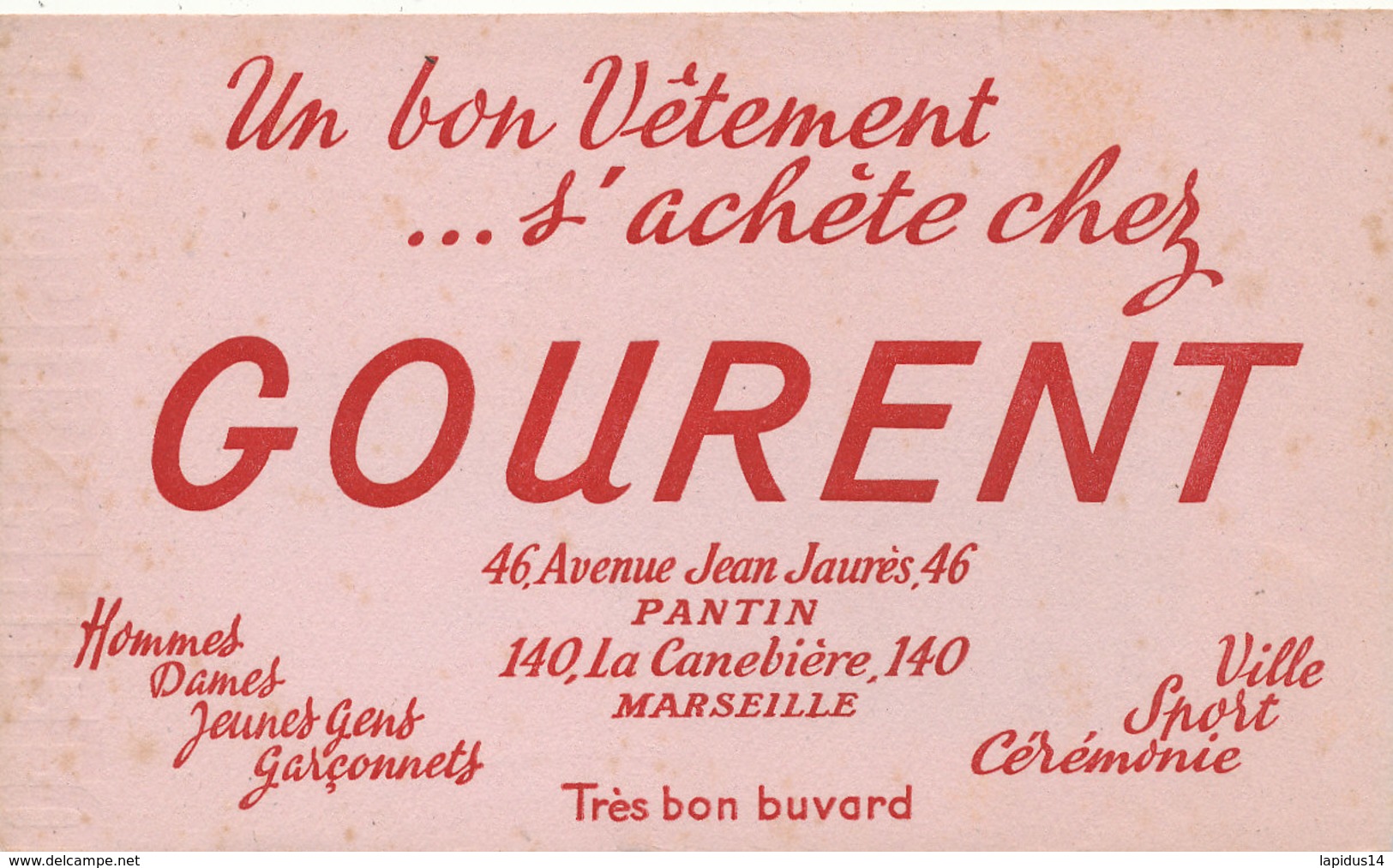 BU 1558 -/  BUVARD   VETEMENT  HOMMES DAMES ENFANTS   GOURENT   MARSEILLE - Textile & Vestimentaire