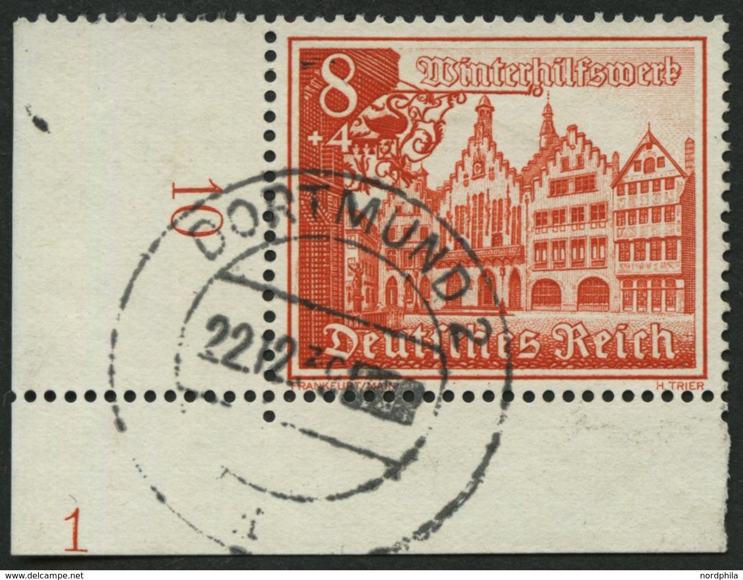 Dt. Reich 734 O, 1939, 8 Pf. Römer, Untere Linke Bogenecke Mit Platten-Nummer 1, Pracht - Other & Unclassified