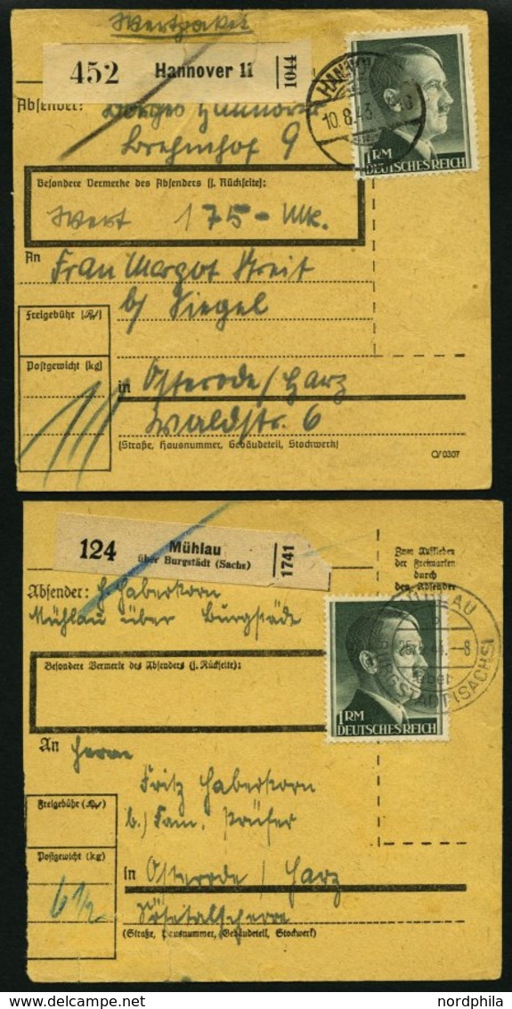 Dt. Reich 799A/B BRIEF, 1942, 1 M. Hitler, Beide Zähnungen, Je Als Einzelfrankatur Auf Paketkarte, Feinst - Andere & Zonder Classificatie