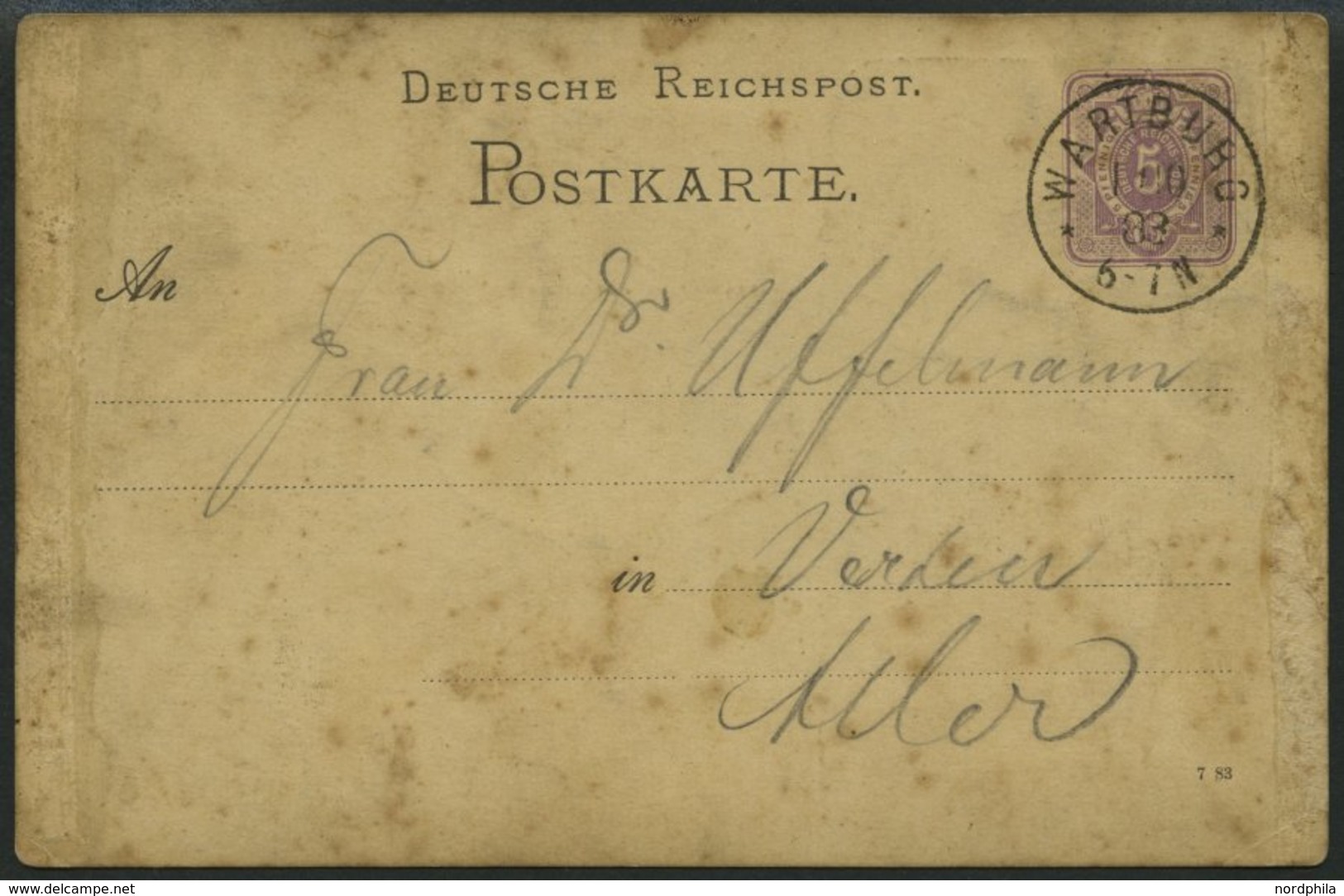 GANZSACHEN PP 6F 107 BRIEF, Privatpost: 1883, 5 Pf. Lila Wartburg, Stempel WARTBURG, Fleckig, Feinst - Andere & Zonder Classificatie