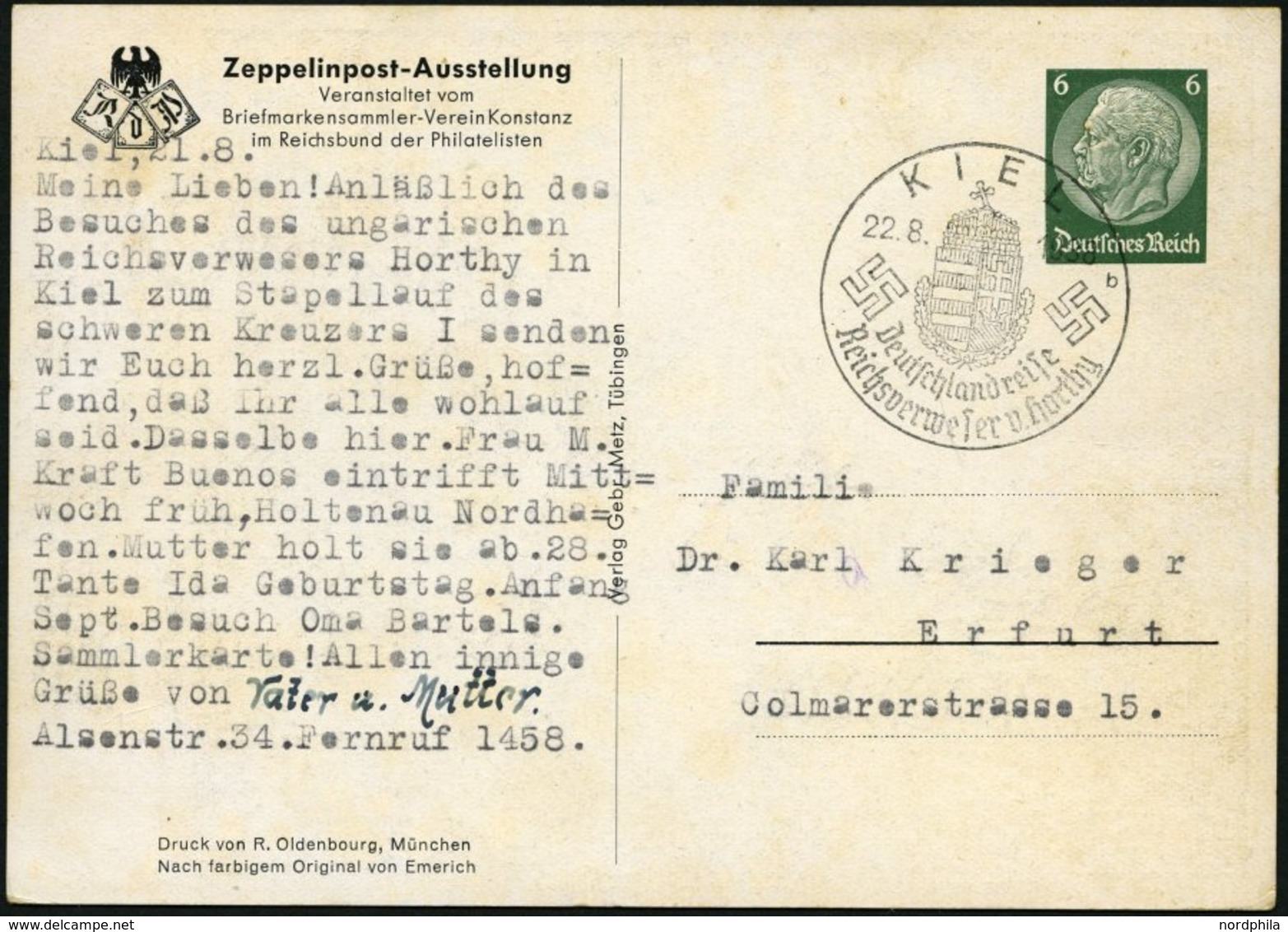 GANZSACHEN PP 127C40 BRIEF, Privatpost: 1938, 6 Pf. Hindenburg Zeppelinpost-Ausstellung, Stempel KIEL REICHSVERWESER V.  - Altri & Non Classificati