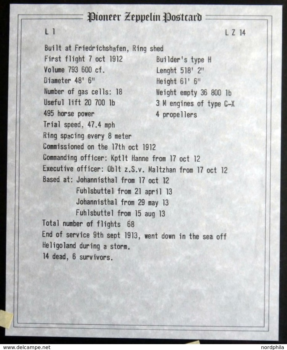 ZEPPELINPOST - MILITÄRLUFTSCHIFFAHRT 1912/3, L1 (LZ 14) Marineluftschiff: Seltene Bild- Und Datendokumentation Auf 7 Sei - Luchtpost & Zeppelin