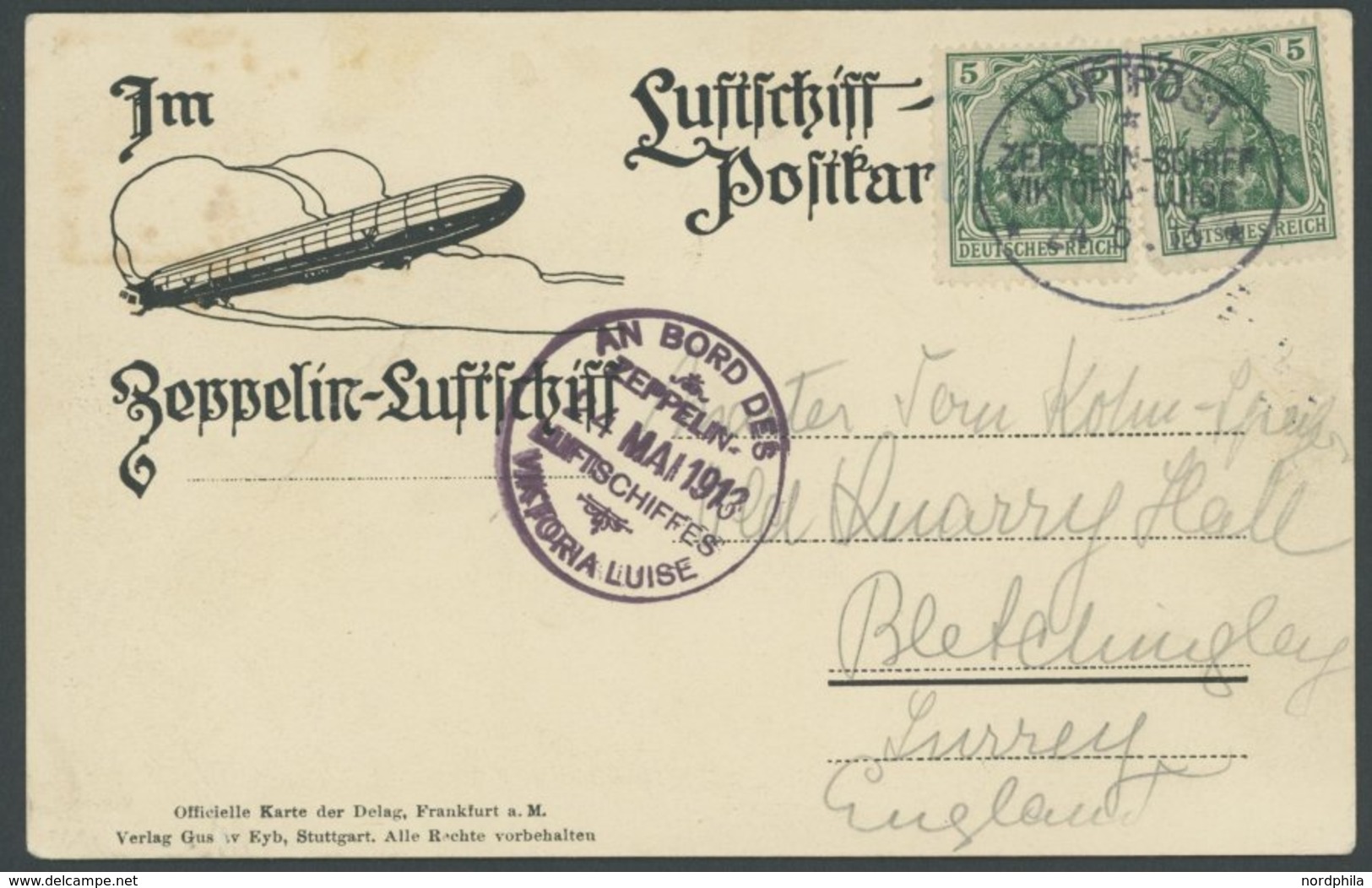 ZEPPELINPOST 4a BRIEF, 1913 Luftschiff Victoria-Luise, Bordpoststempel Und Bordstempel Vom 24.5.1913 Nach England, Prach - Airmail & Zeppelin