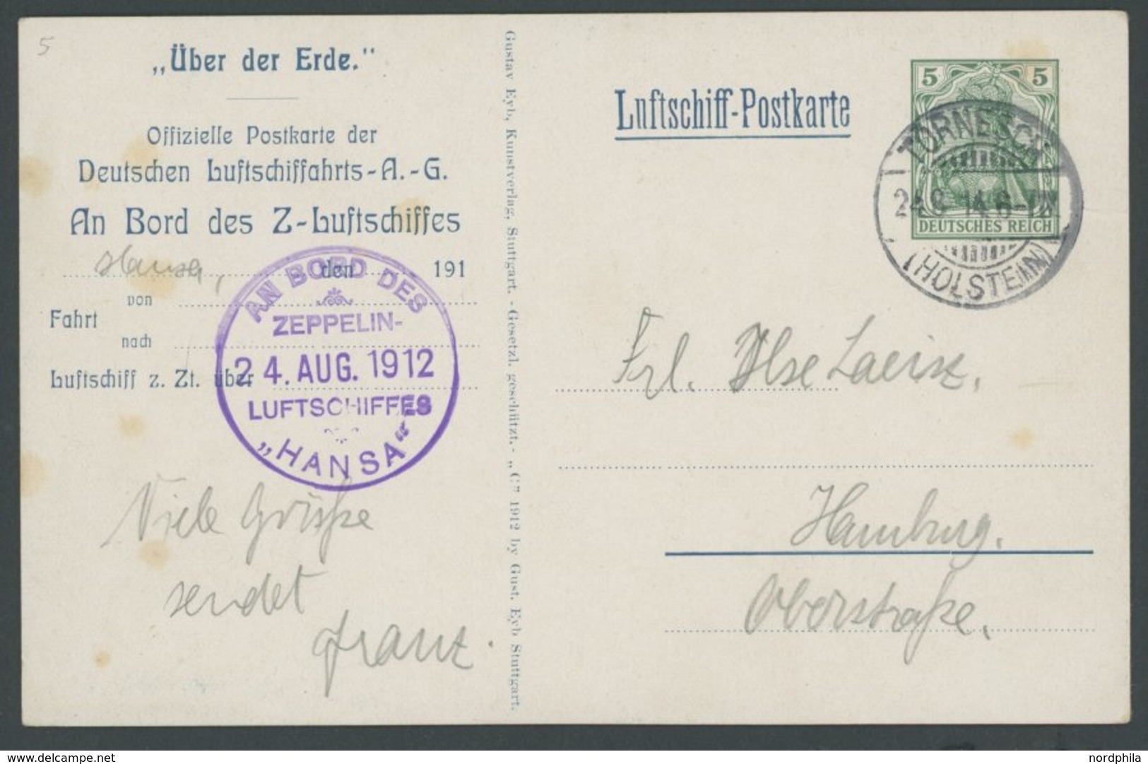 ZEPPELINPOST 5x BRIEF, 1912, Luftschiff Hansa, Hamburg-Rundfahrt, Bordpost, Luftschiff-Postkarte Mit Eingedruckter 5 Pf. - Airmail & Zeppelin