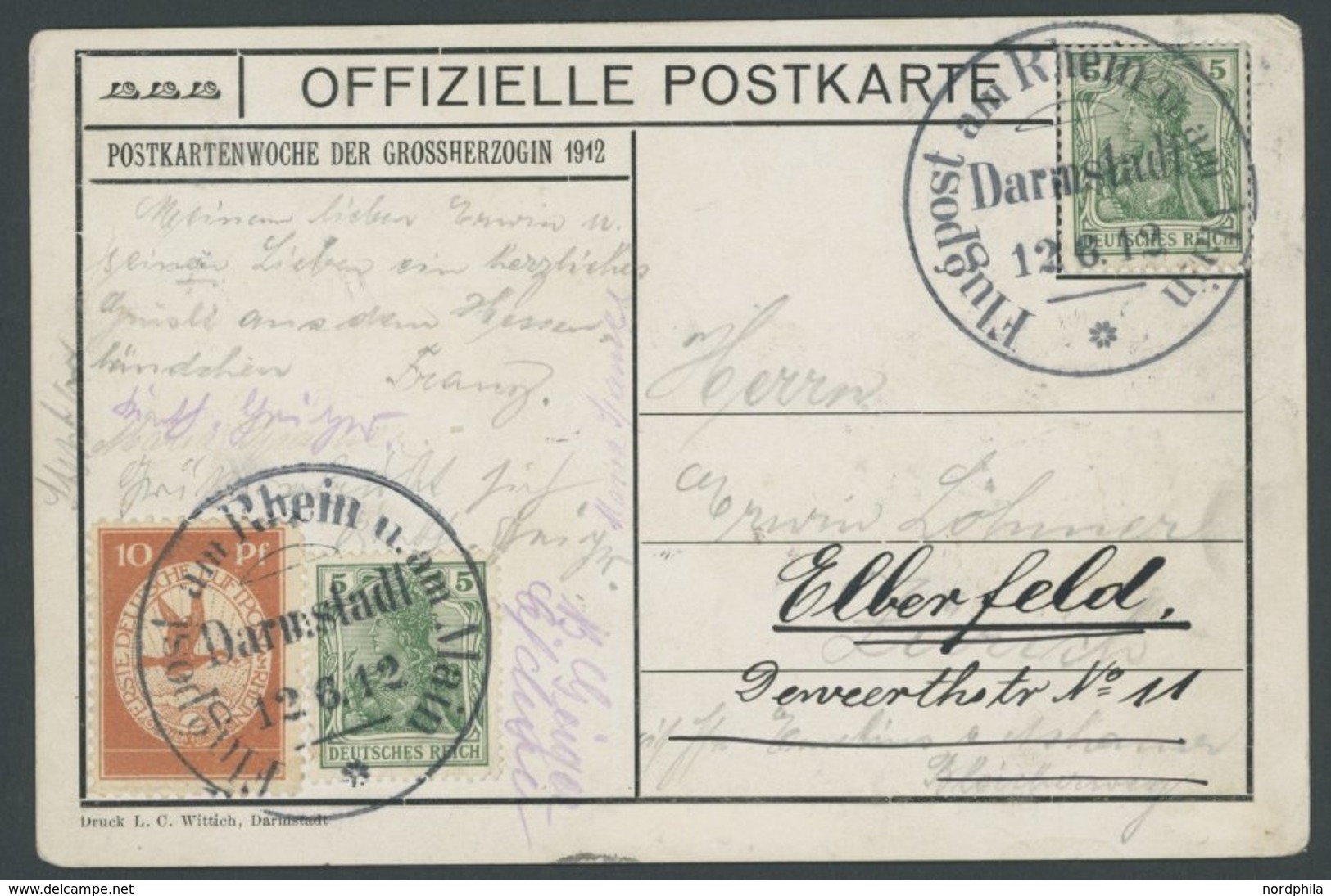 ZEPPELINPOST 10 BRIEF, 1912, 10 Pf. Flp. Am Rhein Und Main Auf Otzberg-Flugpostkarte Mit 5 Pf. Zusatzfrankatur, Sonderst - Luchtpost & Zeppelin