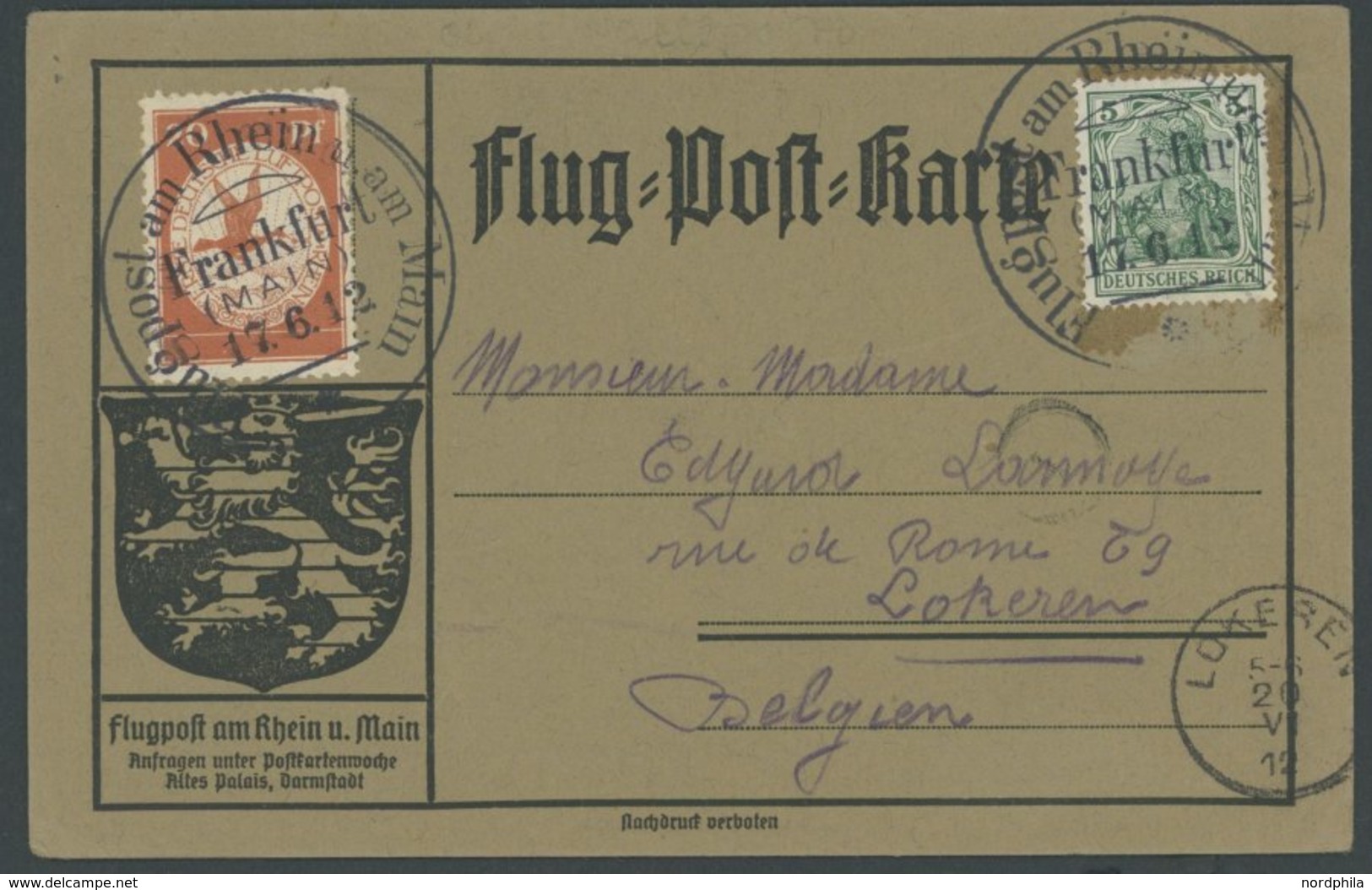 ZEPPELINPOST 11 BRIEF, 1912, 20 Pf. Flp. Am Rhein Und Main Auf Flugpostkarte Mit Nur 5 Pf. Zusatzfrankatur Nach Belgien, - Poste Aérienne & Zeppelin