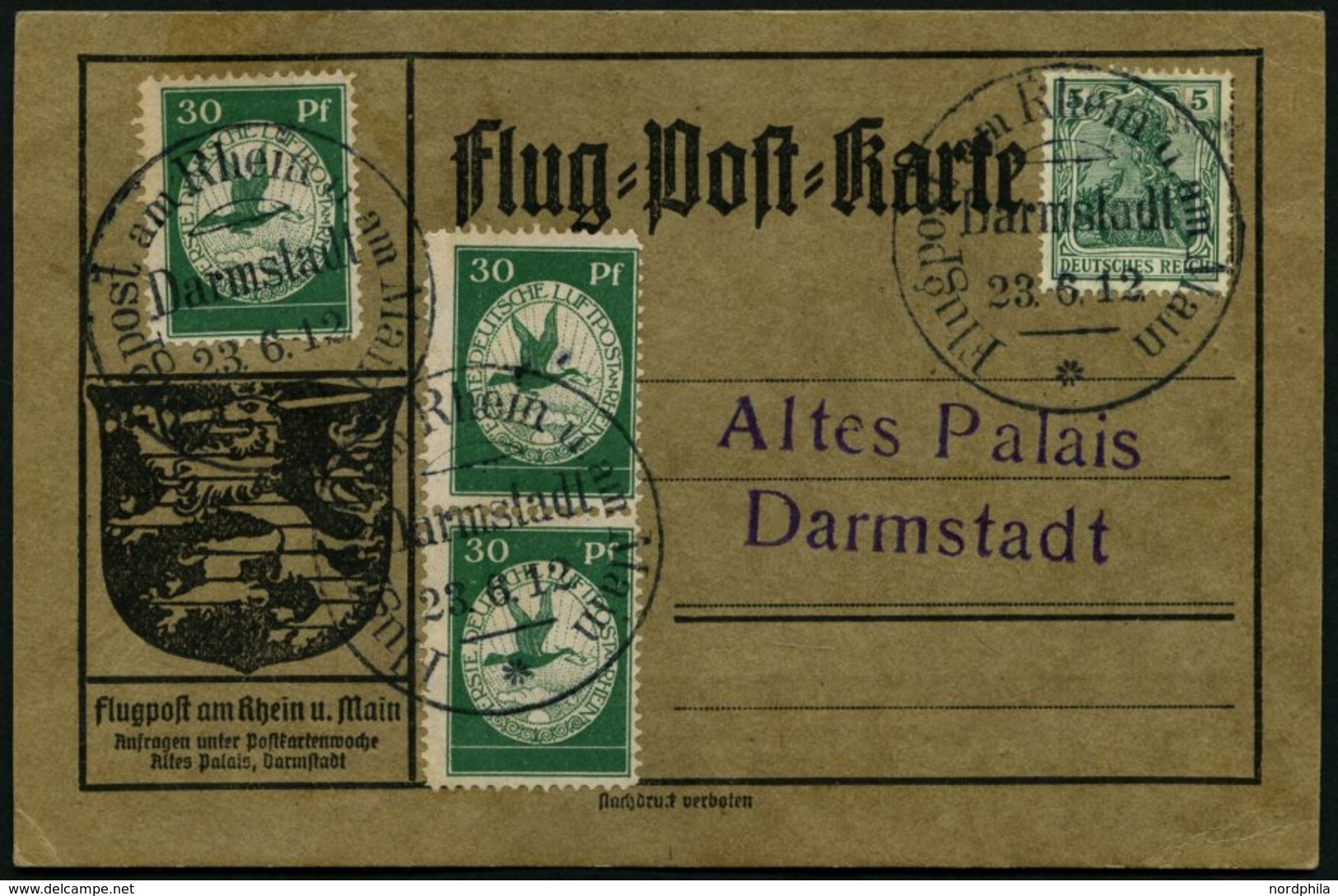 ZEPPELINPOST 12a BRIEF, 1912, 30 Pf. Flp. Auf Rhein Und Main, 3x Auf Flugpost-Sonderkarte, Sonderstempel Darmstadt 23.6. - Poste Aérienne & Zeppelin