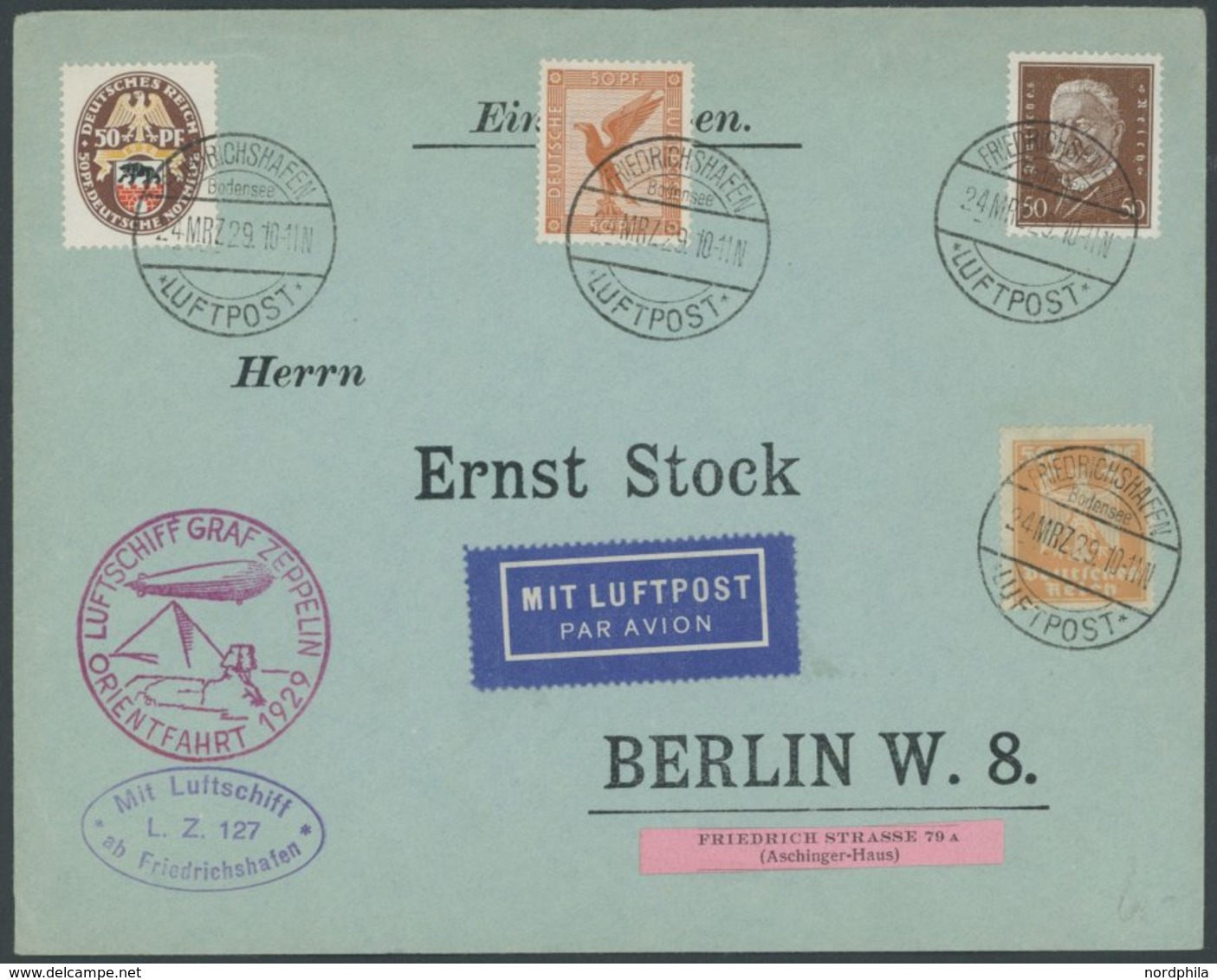 ZEPPELINPOST 23IA BRIEF, 1929, Orientfahrt, Auflieferung Friedrichshafen, Mit Guter Frankatur!, Prachtbrief - Correo Aéreo & Zeppelin