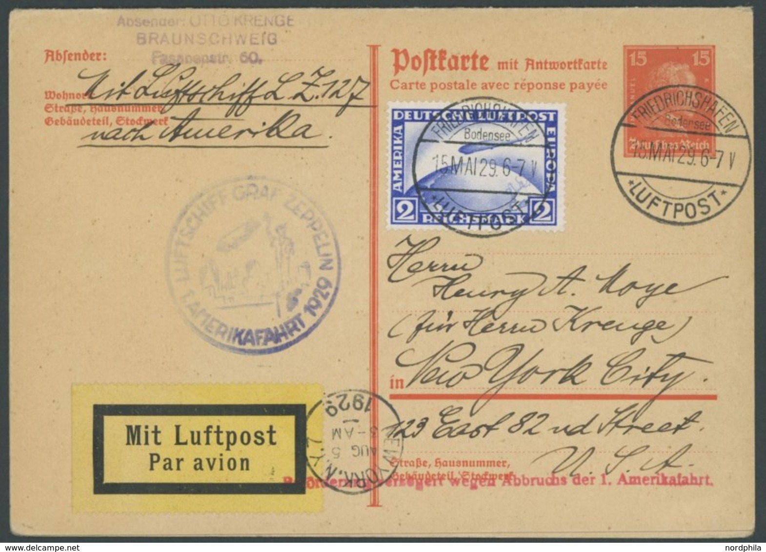 ZEPPELINPOST 26A/27A BRIEF, 1929, Amerikafahrt, Auflieferung Friedrichshafen, Versuchte Und Durchgeführte Amerikafahrt/  - Luchtpost & Zeppelin