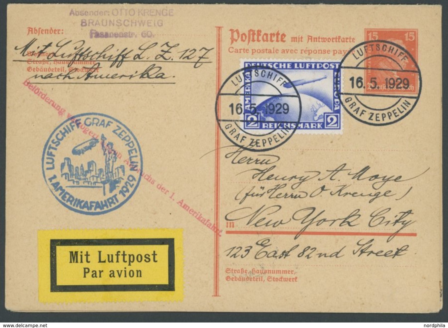 ZEPPELINPOST 26B/27A BRIEF, 1929, Amerikafahrt, Bordpost, Versuchte Und Durchgeführte Amerikafahrt/ Rückfahrt, Frage- Un - Posta Aerea & Zeppelin