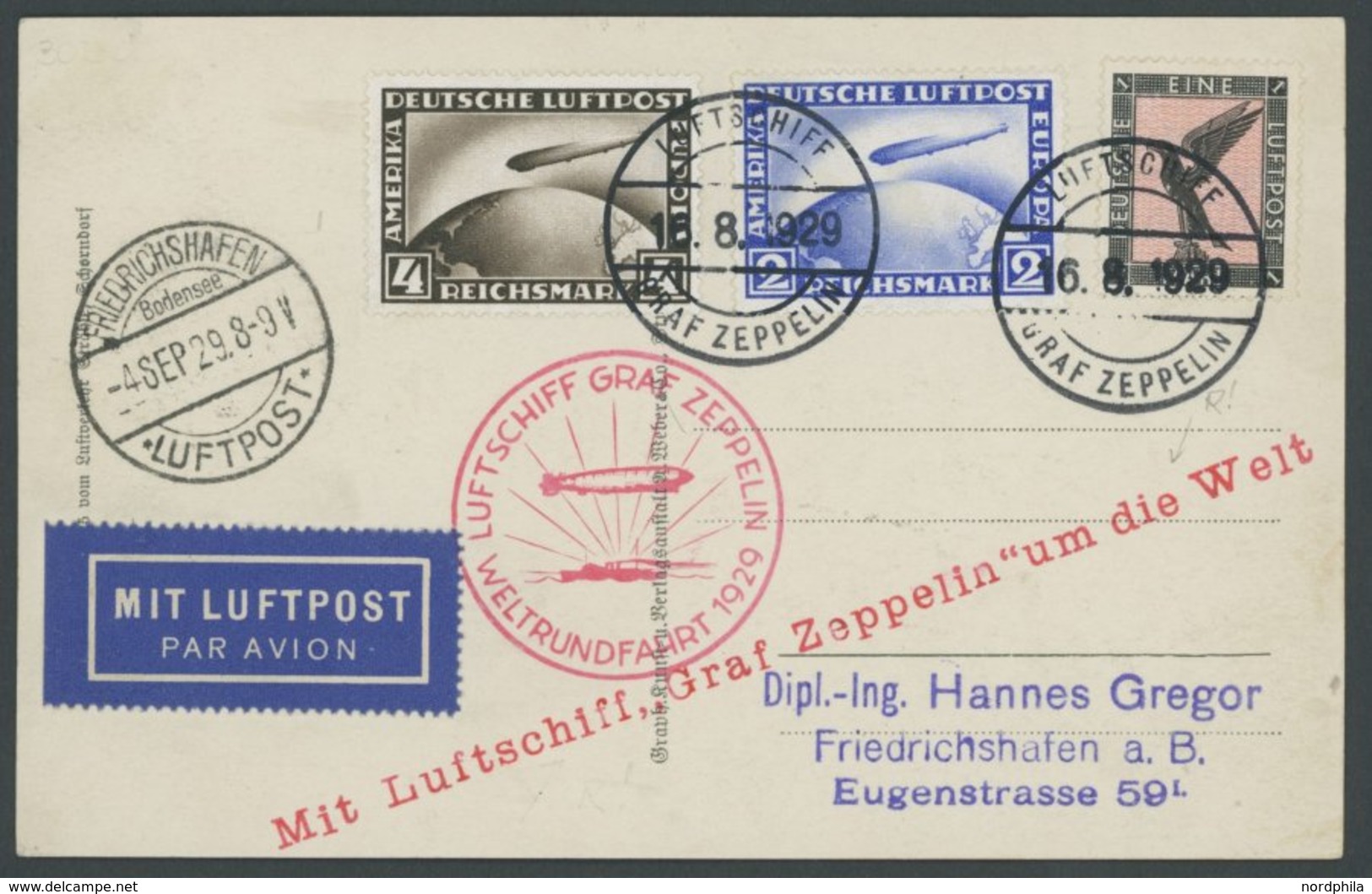 ZEPPELINPOST 30Bd BRIEF, 1929, Weltrundfahrt, Bordpost, Friedrichshafen-Friedrichshafen, Frankiert U.a. Mit Mi.Nr. 423/4 - Airmail & Zeppelin