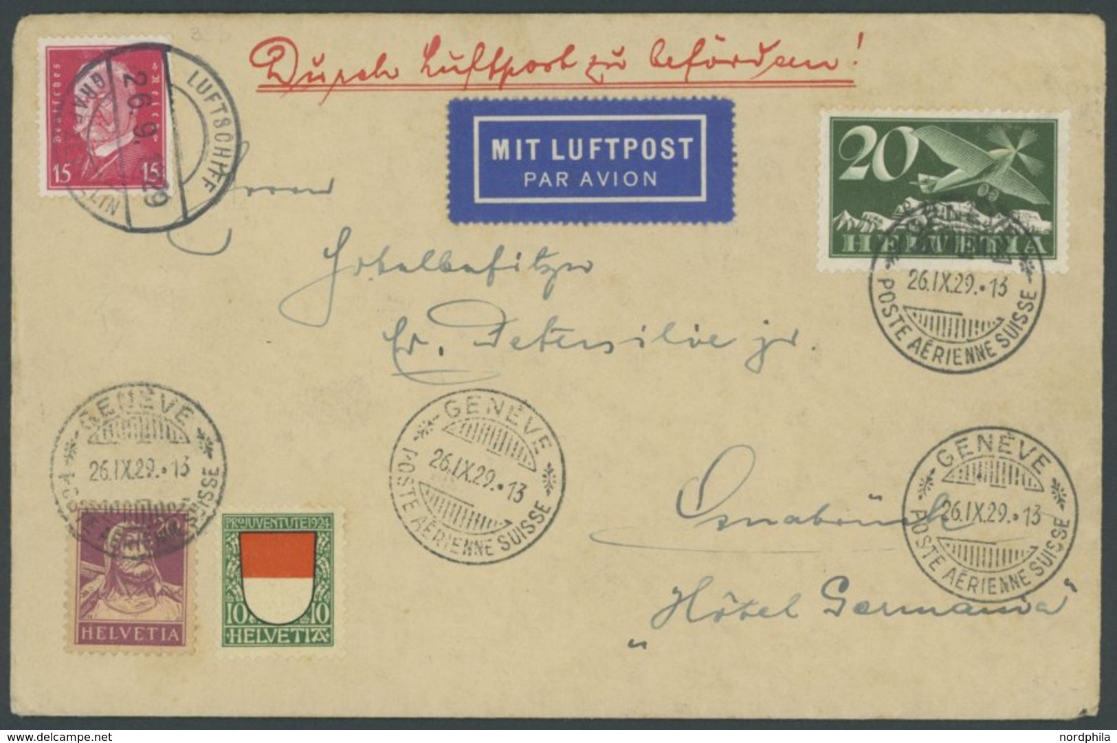 ZEPPELINPOST 35b BRIEF, 1929, 1. Schweizfahrt, Abwurf Genf, Deutsch/schweizerische Frankatur, Prachtbrief - Correo Aéreo & Zeppelin