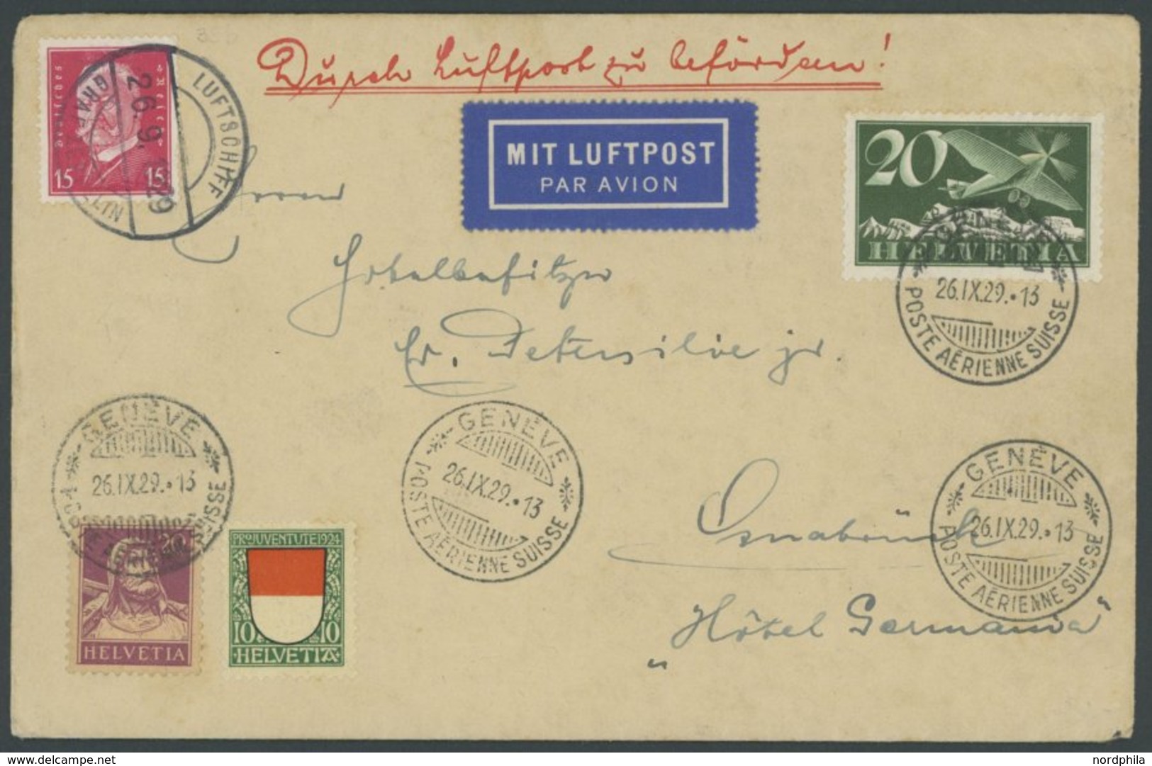 ZEPPELINPOST 35b BRIEF, 1929, 1. Schweizfahrt, Abwurf Genf, Deutsch/schweizerische Frankatur, Prachtbrief - Posta Aerea & Zeppelin