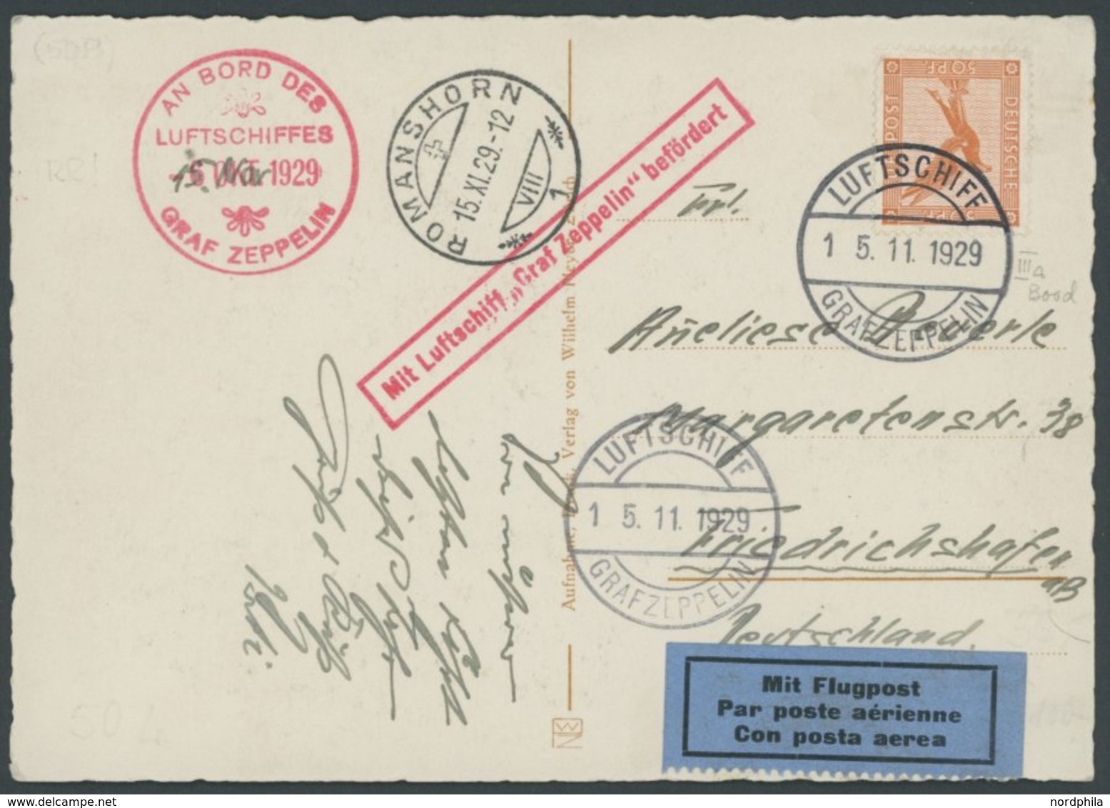 ZEPPELINPOST 50B BRIEF, 1929, Bodenseefahrt, Bordpoststempel 6.OKT.1929 Handschriftlich In 15.NOV. Geändert, Abwurf Roma - Poste Aérienne & Zeppelin