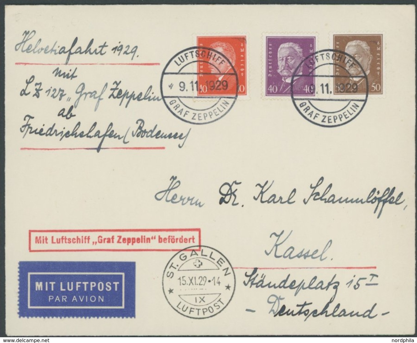 ZEPPELINPOST 50BI BRIEF, 1929, Bodenseefahrt, Bordpost Vom 9.11.1929, Irrtümlich In Frankfurt Nicht Abgegeben Und In St. - Airmail & Zeppelin