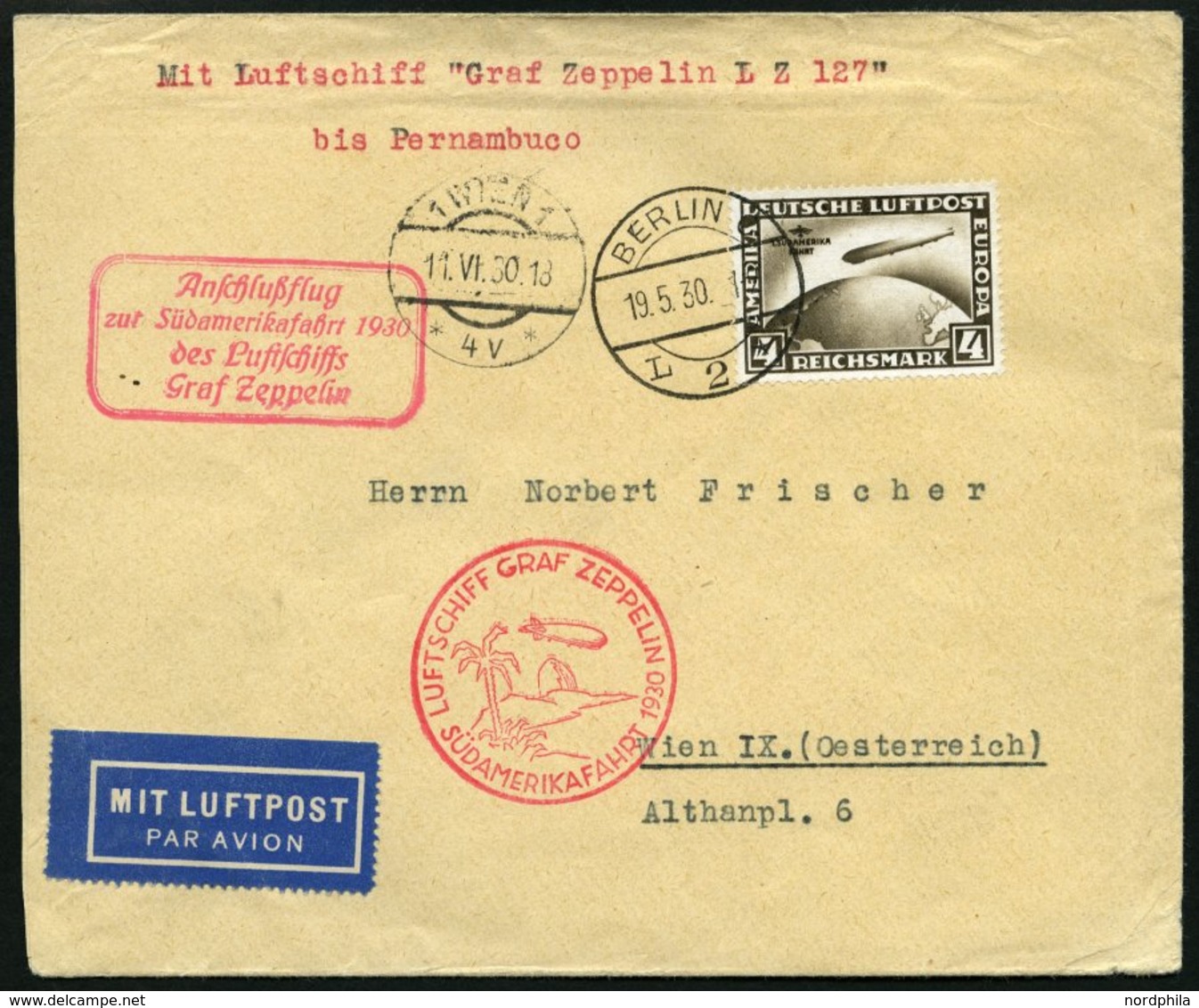 ZEPPELINPOST 57R BRIEF, 1930, Südamerikafahrt, Berlin-Pernambuco, Brief Leichte Bedarfsspuren, Marke Pracht - Posta Aerea & Zeppelin