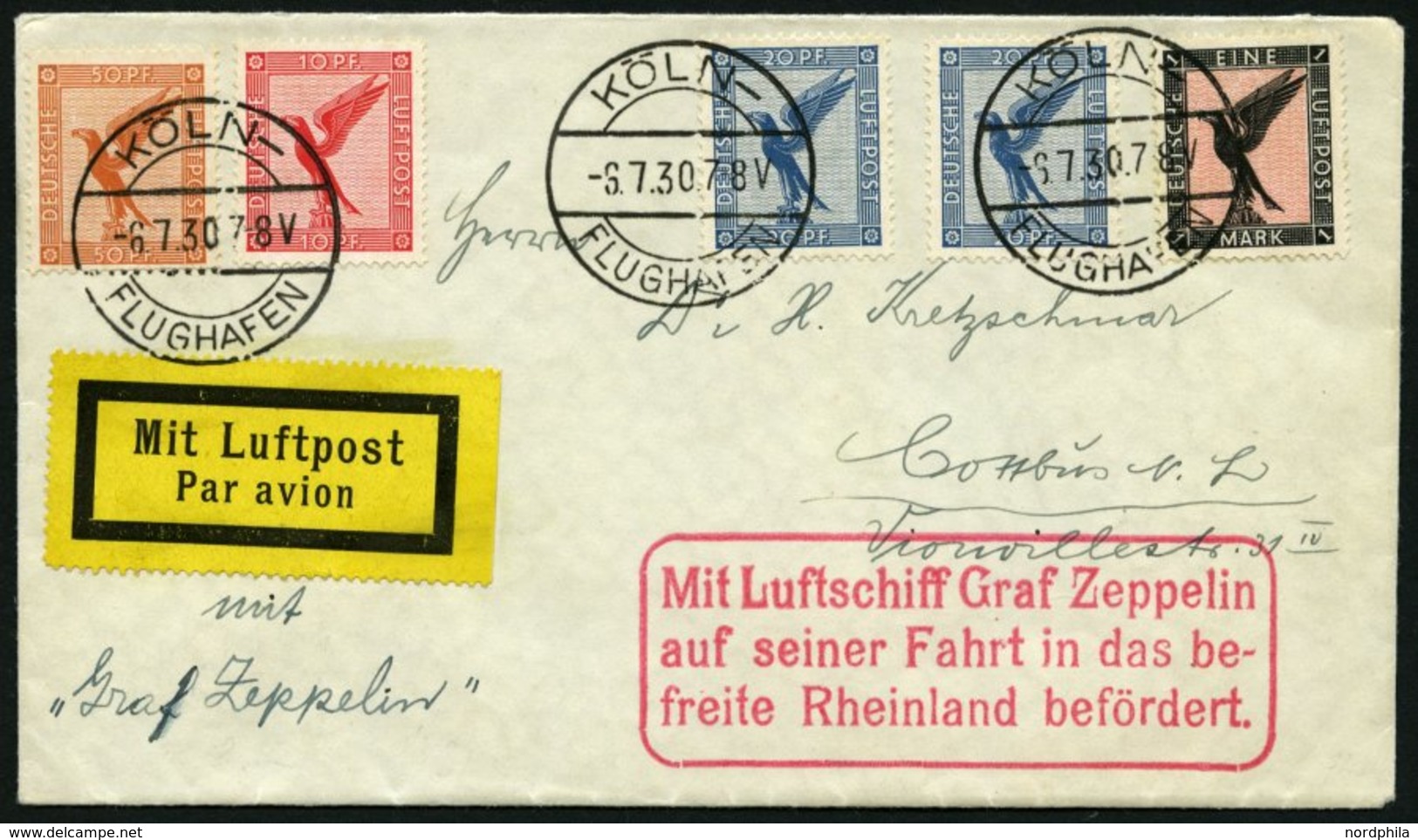 ZEPPELINPOST 72i BRIEF, 1930, Fahrt In Das Befreite Rheinland, Abwurf Koblenz, Tagesstempel Köln, Prachtbrief - Luchtpost & Zeppelin