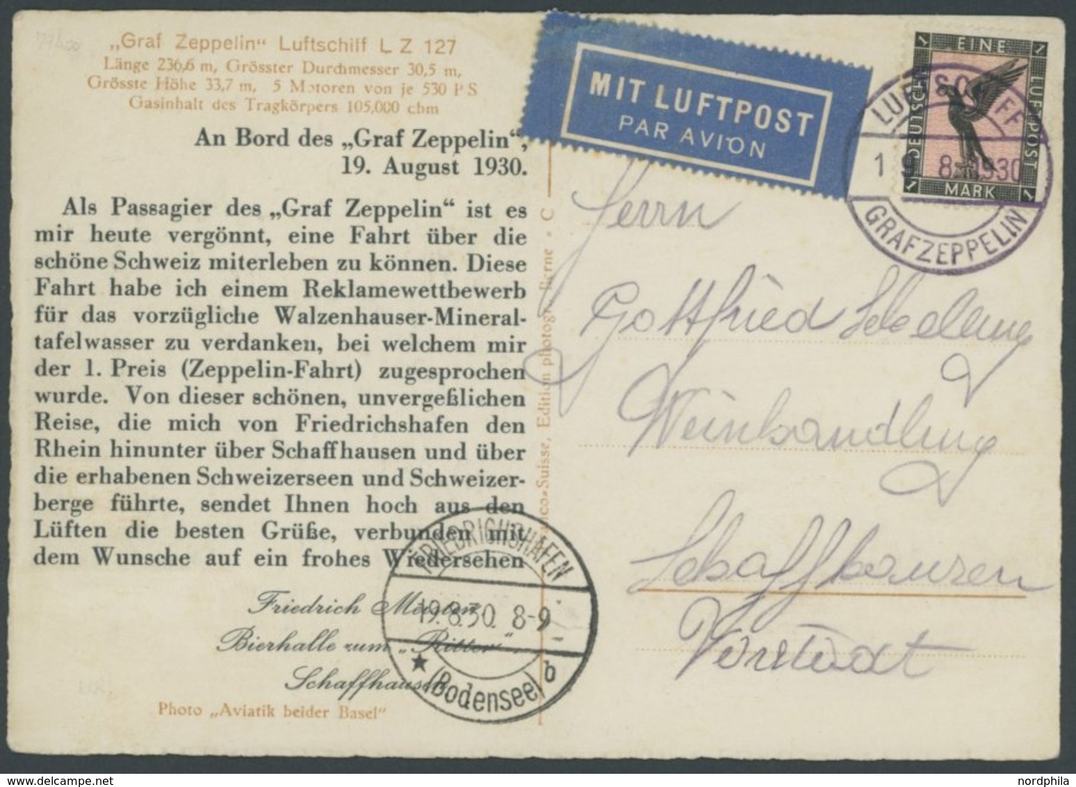 ZEPPELINPOST 79Aa BRIEF, 1930, Schweizfahrt, Bordpost, Ankunftsstempel 19.8.30, Karte Feinst - Luchtpost & Zeppelin