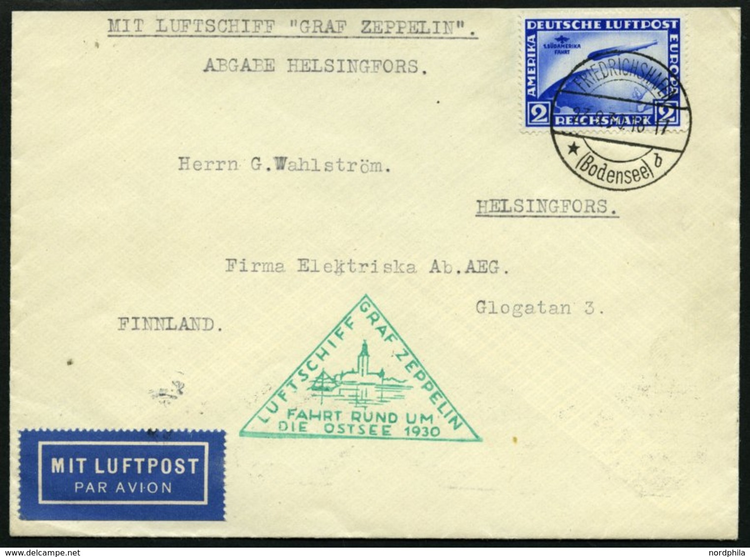 ZEPPELINPOST 88Cb BRIEF, 1930, Ostseefahrt, Abwurf Helsinki, Auflieferung Fr`hafen, Frankiert Mit 2 RM Südamerikafahrt,  - Poste Aérienne & Zeppelin