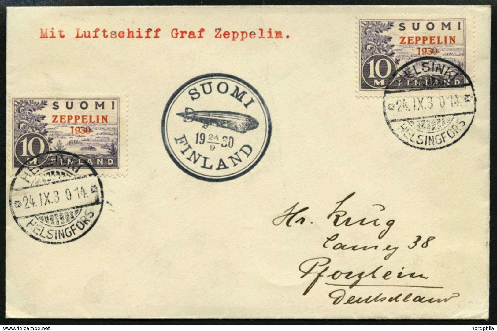 ZEPPELINPOST 89B BRIEF, 1930, Ostseefahrt, Finnische Post, Frankiert Mit 2 Zeppelin-Sondermarken, Prachtbrief - Airmail & Zeppelin