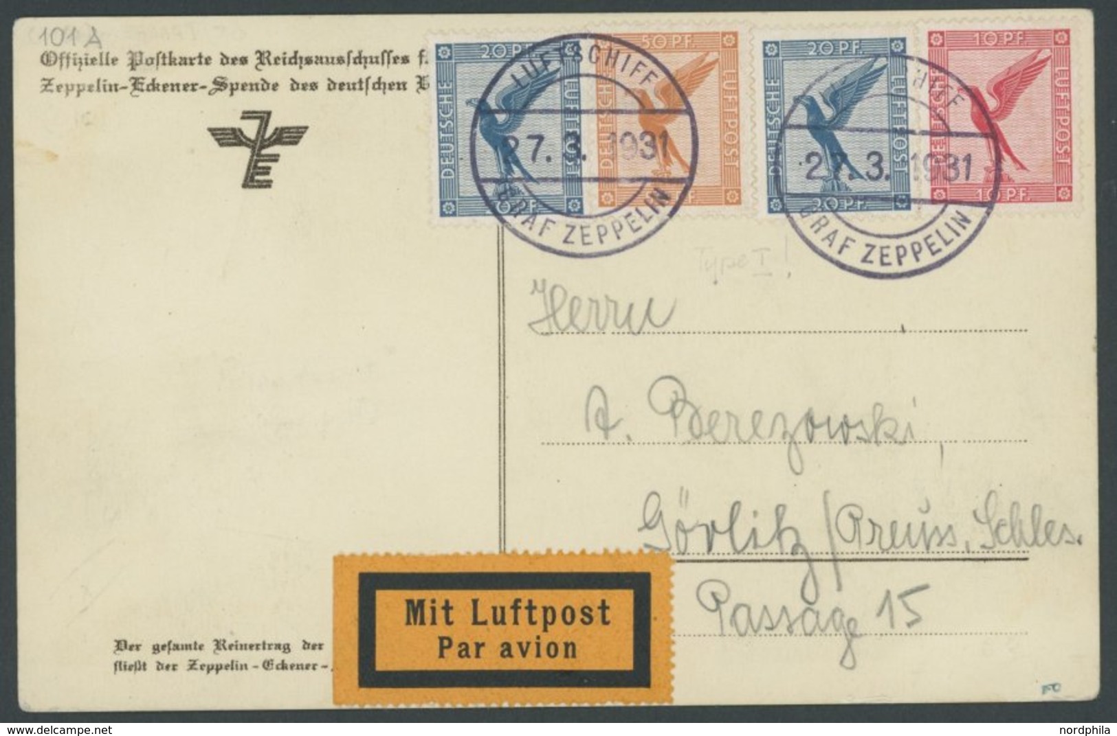 ZEPPELINPOST 101A BRIEF, 1931, Probefahrt, Bordpost, Prachtkarte, Gepr. Falk - Poste Aérienne & Zeppelin