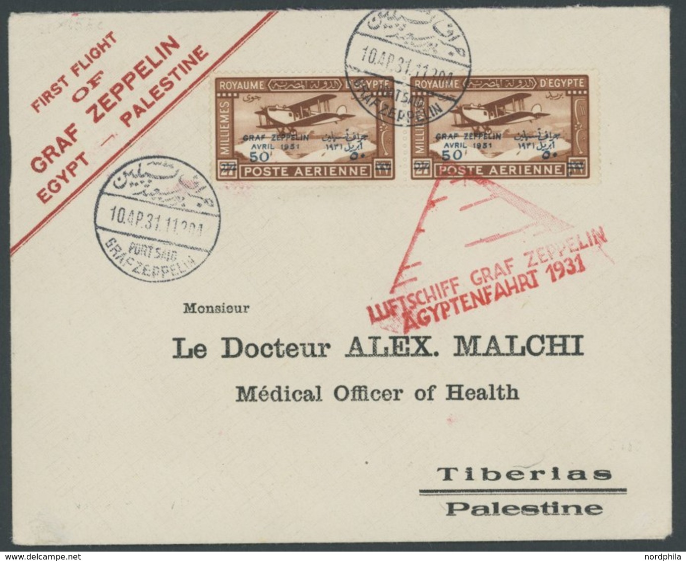 ZEPPELINPOST 105Ec BRIEF, 1931, Ägyptenfahrt, ägyptische Post, Palästina-Rundfahrt, Sonderstempel Port Said, Prachtbrief - Airmail & Zeppelin
