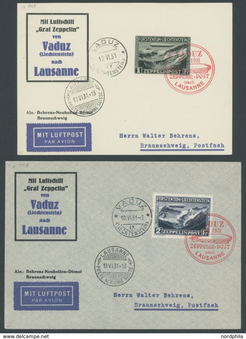 ZEPPELINPOST 110A/B BRIEF, 1931, Fahrt Vaduz-Lausanne, Postkarte Mit 1 Fr. Und Brief Mit 2 Fr., 2 Prachtbelege - Posta Aerea & Zeppelin