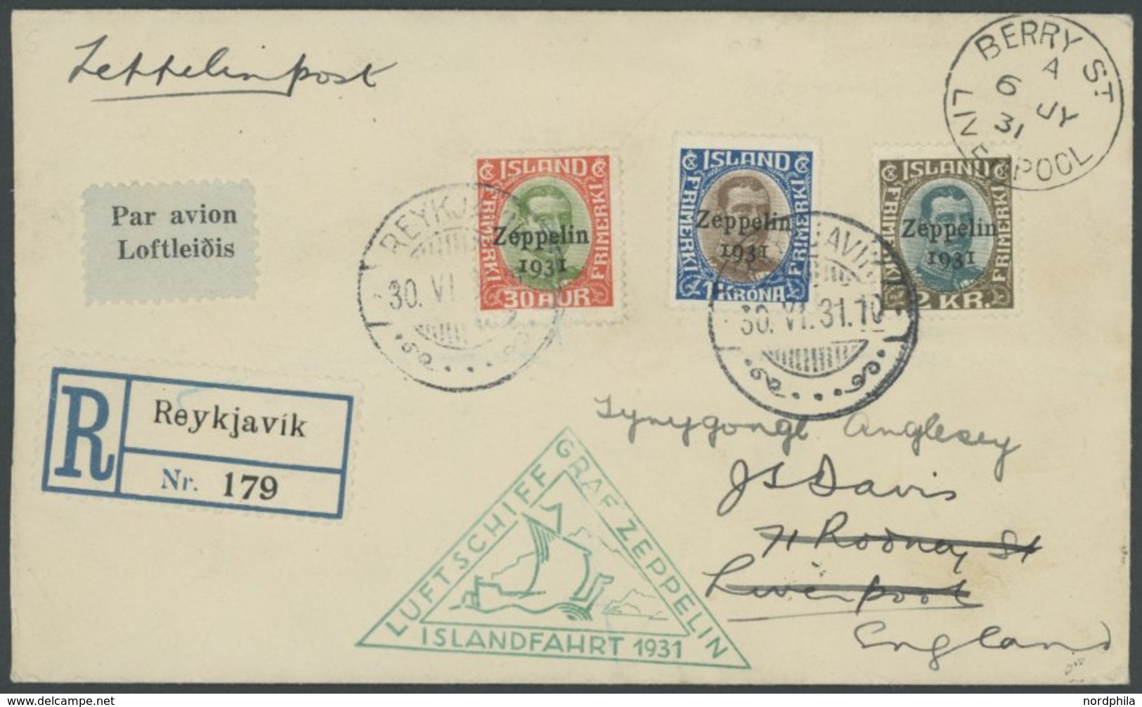 ZEPPELINPOST 114 BRIEF, 1931, Islandfahrt, Isländische Post, Einschreibbrief Mit Komplettem Satz Nach Liverpool, Feinst - Luchtpost & Zeppelin