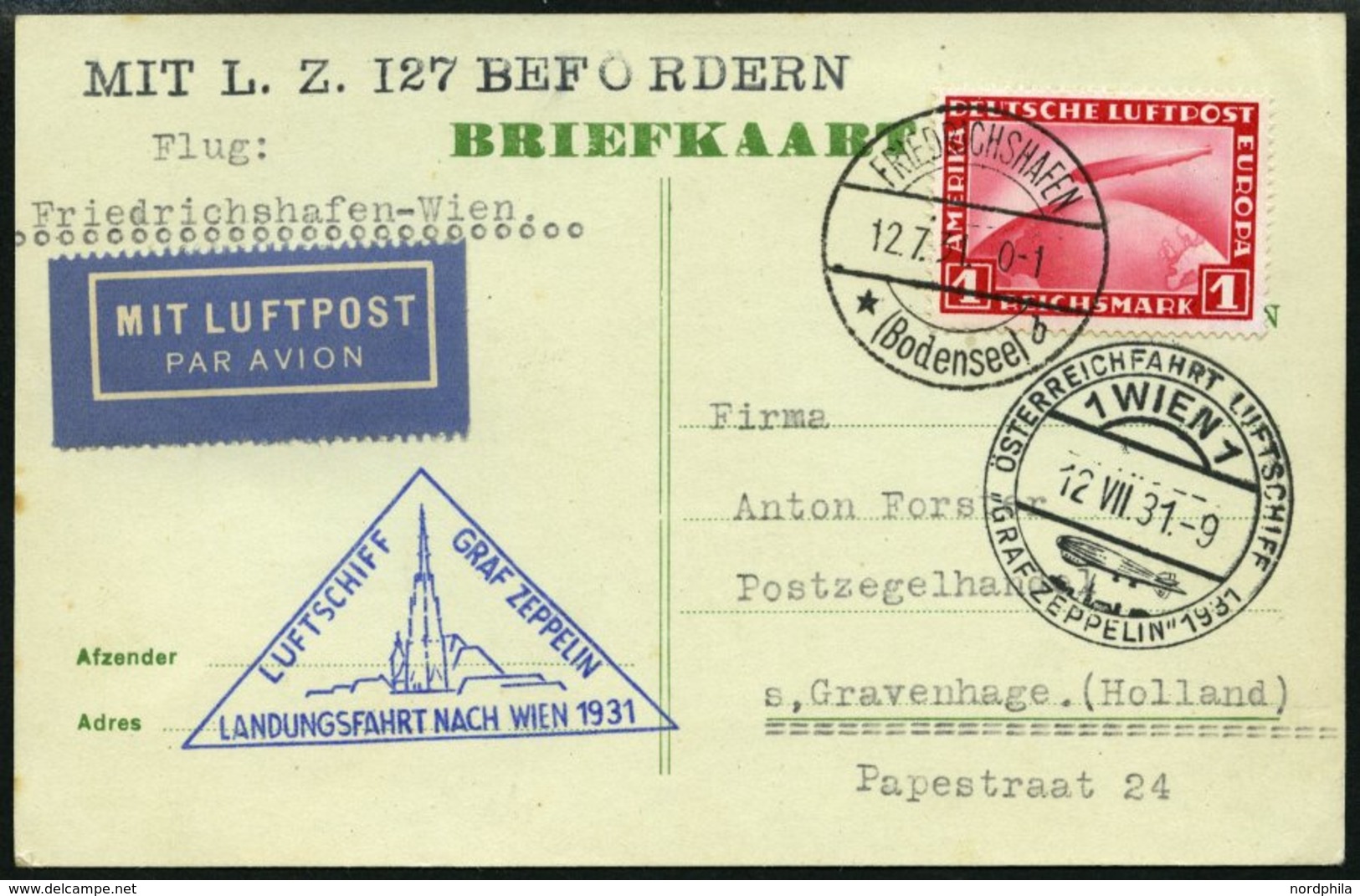 ZEPPELINPOST 116A BRIEF, 1931, Österreichfahrt, Post Nach Wien, Auflieferung Fr`hafen, Prachtkarte - Posta Aerea & Zeppelin