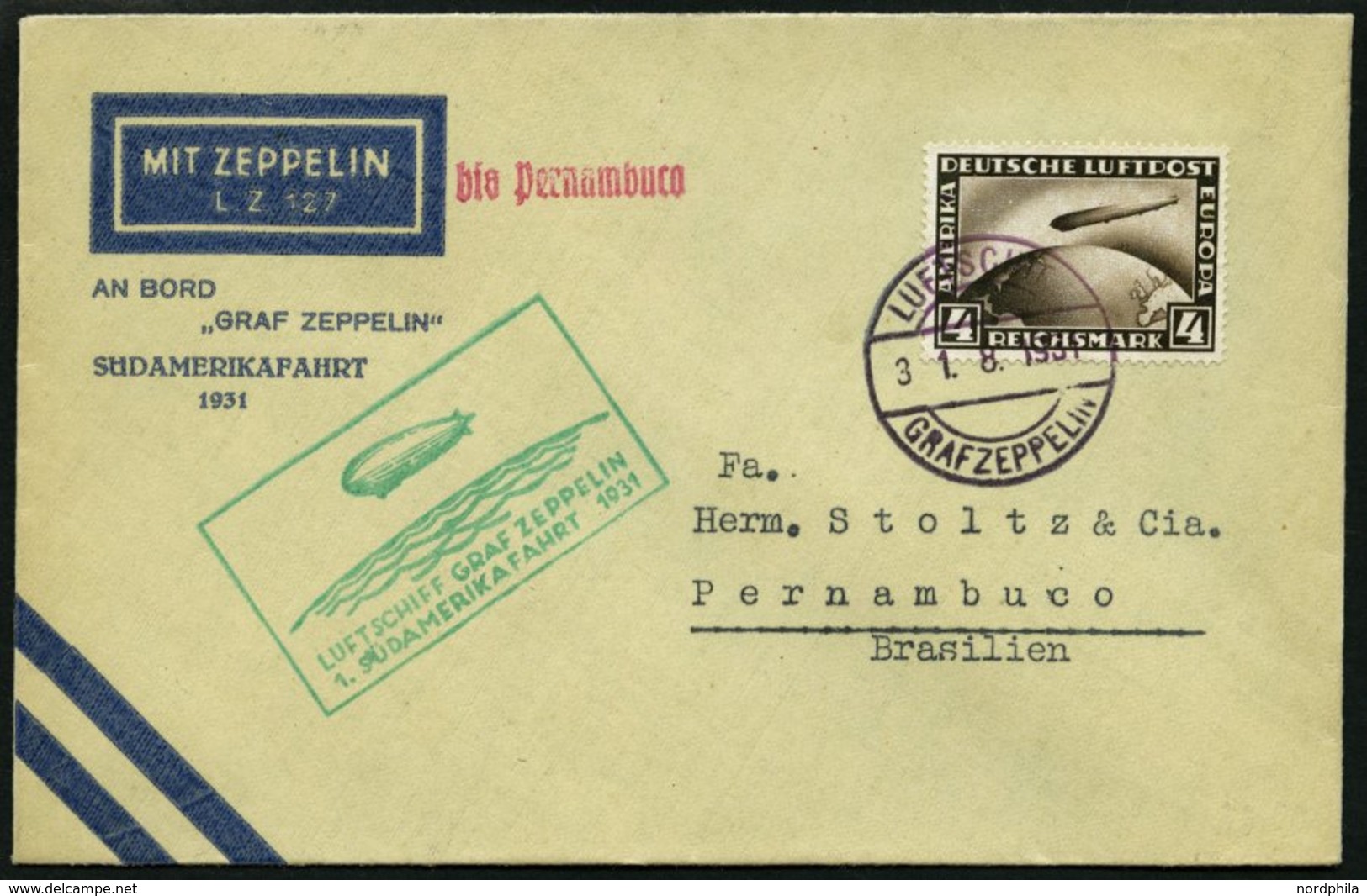 ZEPPELINPOST 124Bb BRIEF, 1931, 1. Südamerikafahrt, Bis Pernambuco, Bordpost, Prachtbrief - Luchtpost & Zeppelin