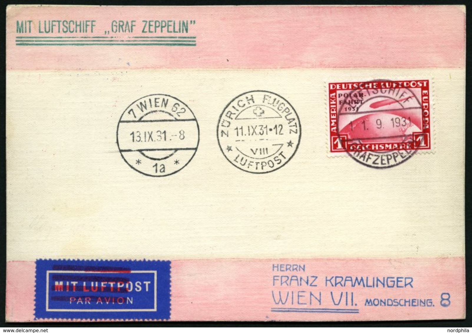 ZEPPELINPOST 127Ab BRIEF, 1931, Zürichfahrt, Bordpost, Frankiert Mit 1 RM Polarfahrt, Prachtkarte Nach Wien - Luchtpost & Zeppelin